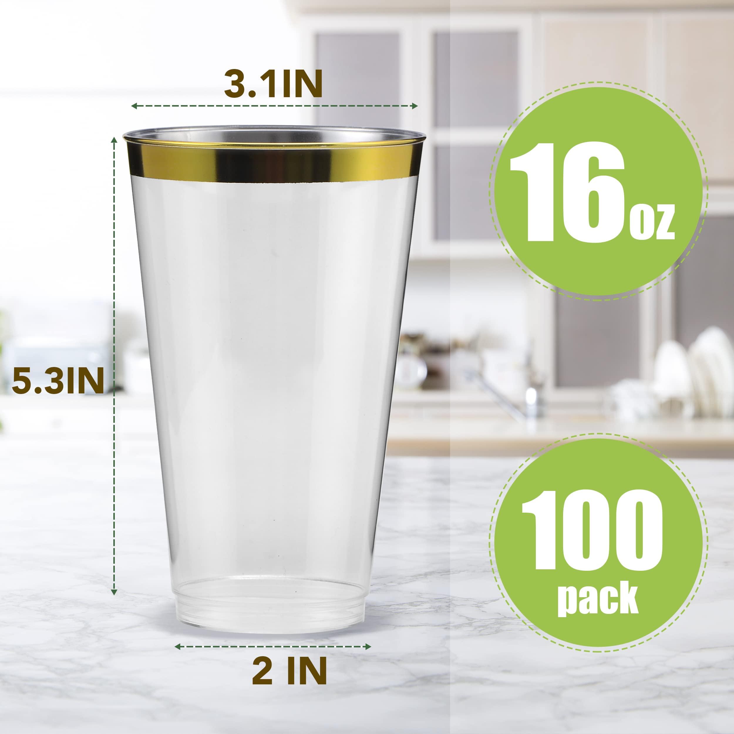 YOUTHSHIP YOUTHSHIP 100 Pcs 16 Oz Disposable Plastic Gold Rimmed Elegant Cups for Wedding, Birthday, Baby Shower Parties