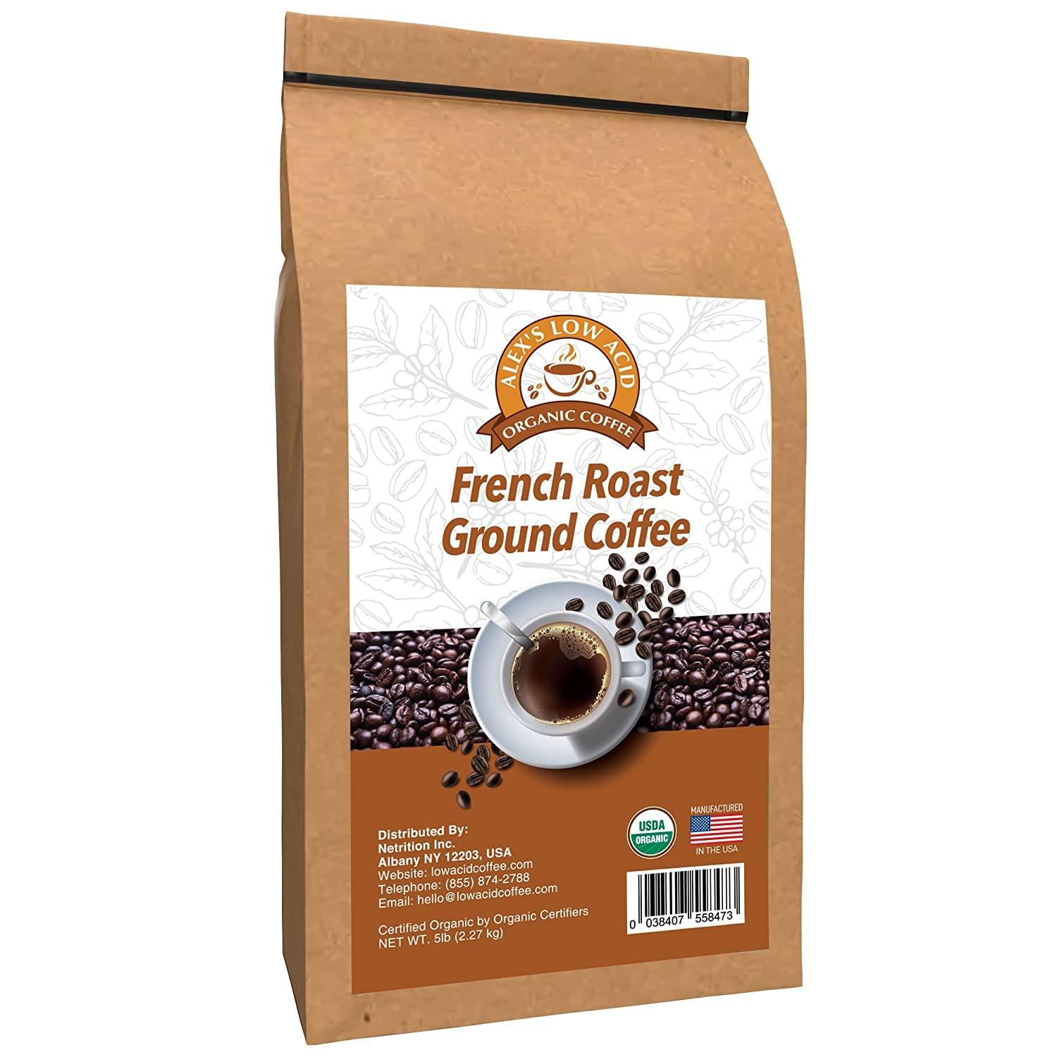 ALEX'S LOW ACID ORGANIC COFFEE Alex's Low Acid Organic Coffee 5lb Bag - Fresh Ground French Roast