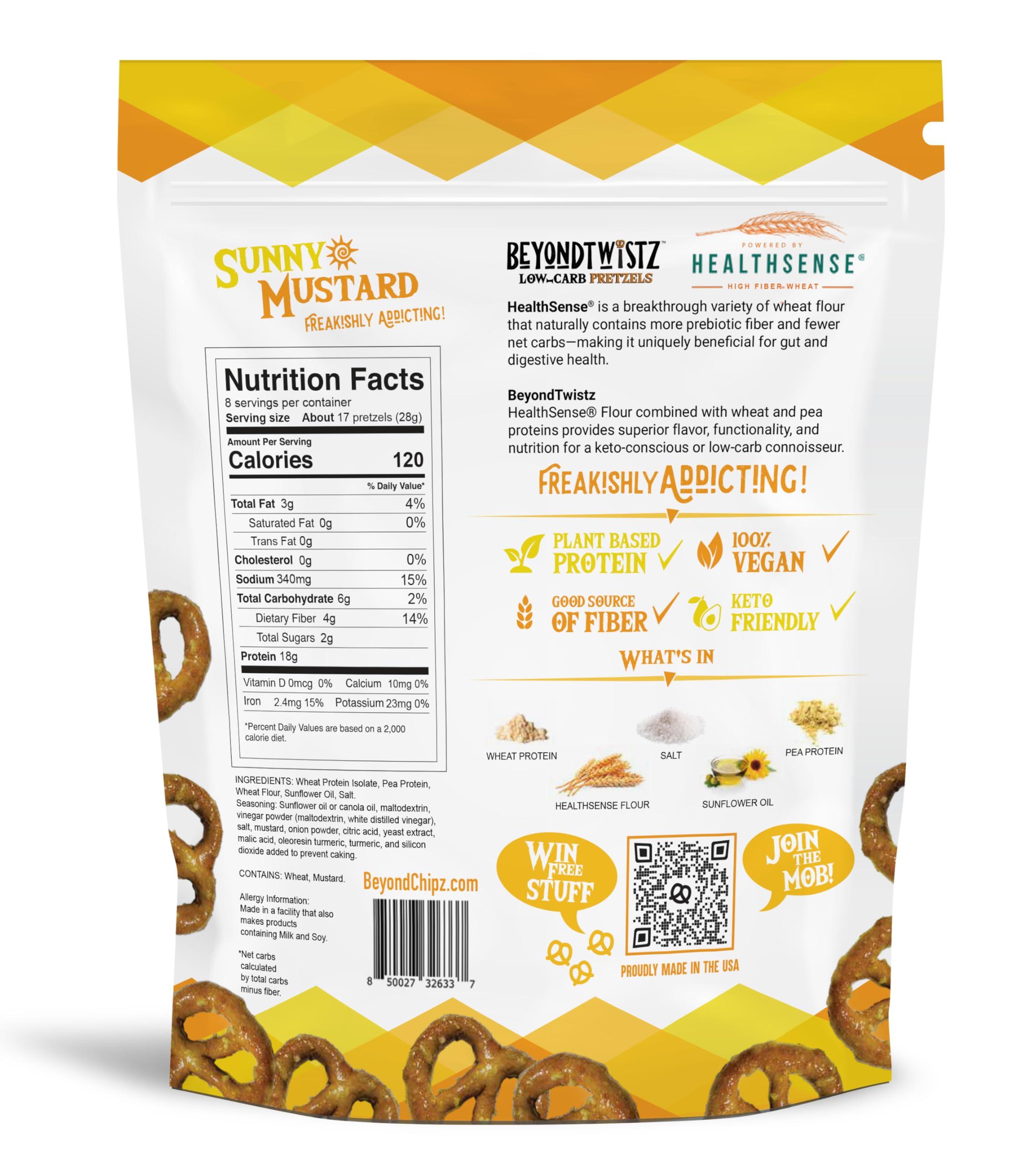 BeyondChipz BeyondTwistz Low Carb Pretzels, Sunny Mustard, Keto Friendly, 2g Net Carbs, 18g Protein, Powered By HealthSense High Fiber Wheat Flour, Family Size 8oz Bag, Pack of 1