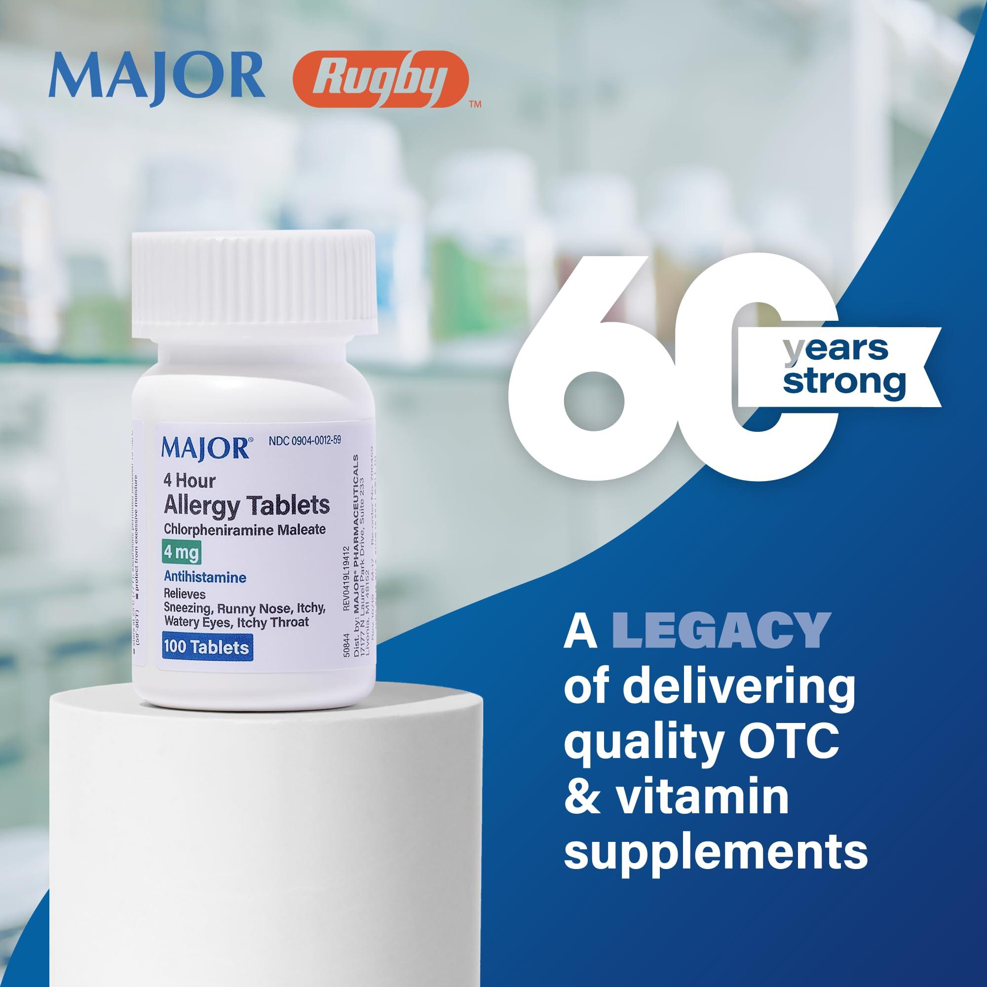 MAJOR Major Chlorpheniramine 4 Mg Tabs - Chlorpheniramine Maleate 4-Hour Allergy Medicine Tablets - Antihistamine for Sneezing, Itchy and Watery Eyes, Itchy Throat, Runny Nose - 100 Tablets per Bottle