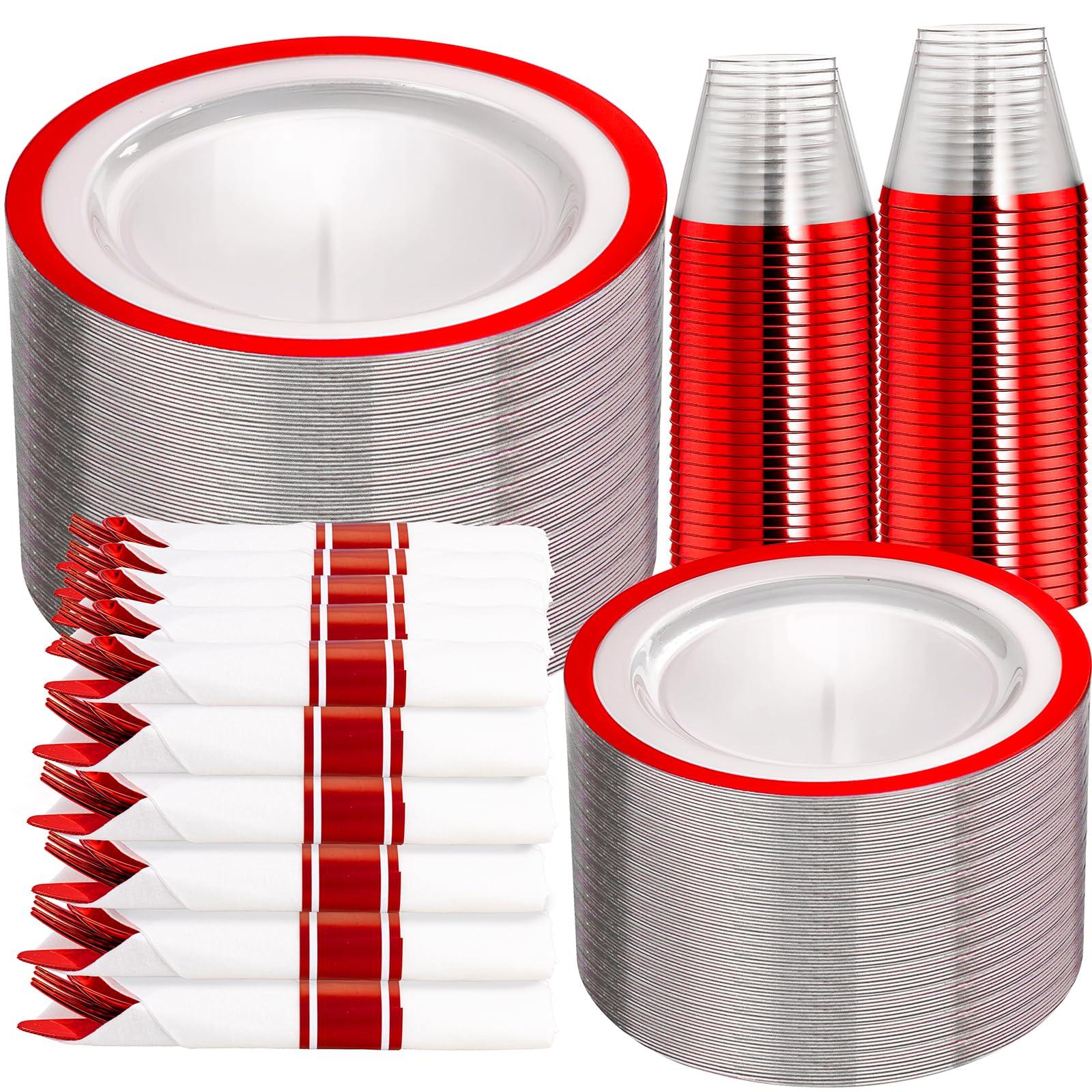 I00000 I00000 350 Pcs Clear and Red Plastic Plates,Valentines Disposable Dinnerware Set, Include 50 Dinner Plates 10.25\'\', 50 Dessert Plates 7.5\'\',50 Red Rim Cups,50 Per Rolled Napkins with Plastic Cutlery