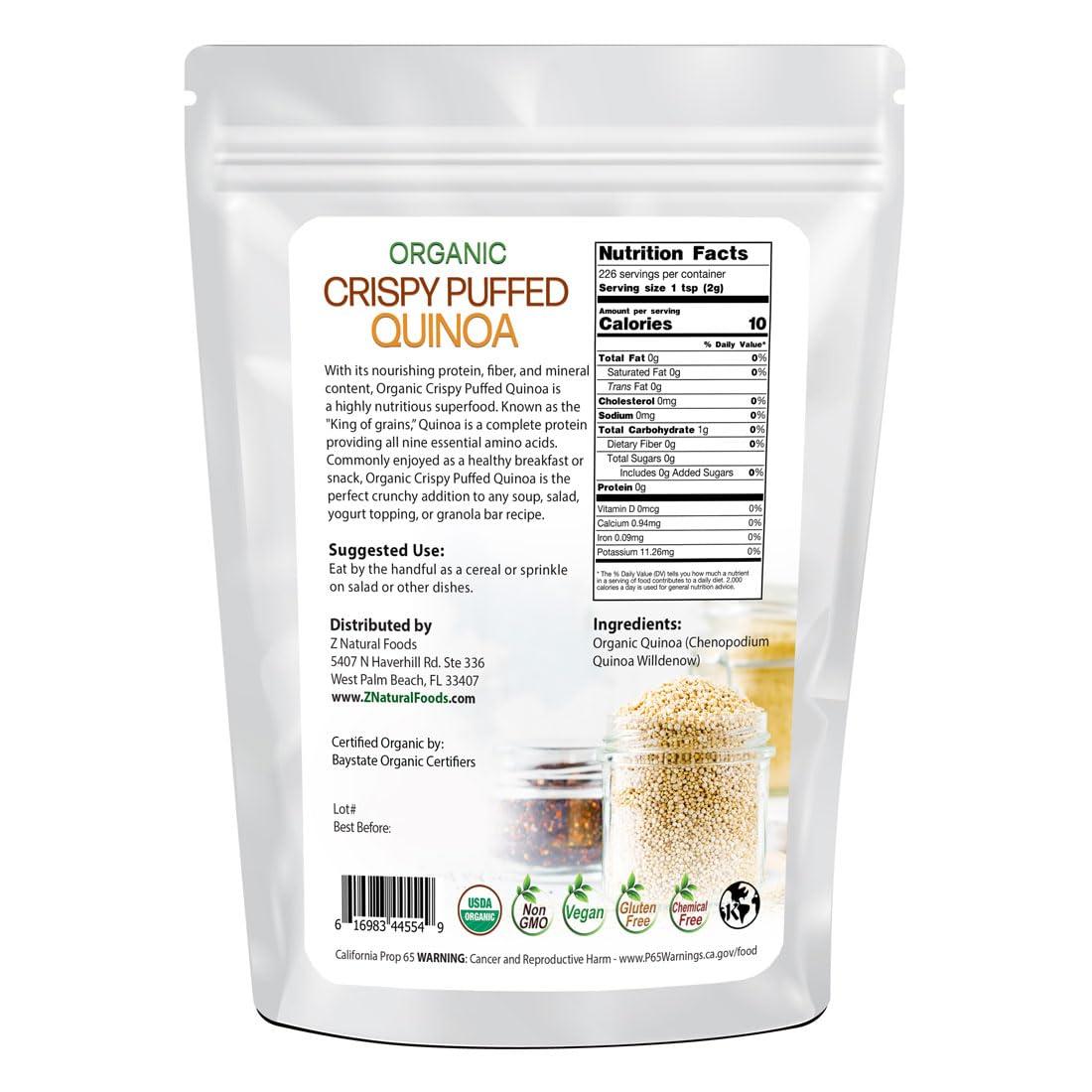 Z Natural Foods Z Natural Foods Organic Crispy Puffed Quinoa - Real Crisped Quinoa Vegan Superfood - Healthy Quinoa Crisps Snacks for Adults & Kids - Crispy Quinoa Puffs for Baking, Snacks, Yogurts, Gluten-Free, 1 lb
