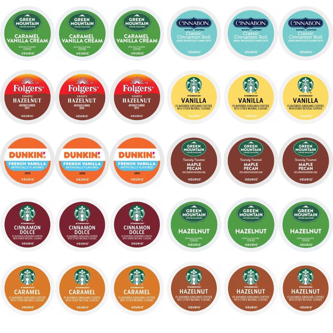 KUPIX 30 Count - Flavored K-cups Coffee Pods Variety Sampler Includes Starbucks Hazelnut, Caramel, Cinnamon Dolce & Vanilla - Green Mountain Caramel Vanilla Cream, Maple Pecan & Hazelnut Folgers Hazelnut Dunkin French Vanilla -Cinnabon Cinnamon Roll for