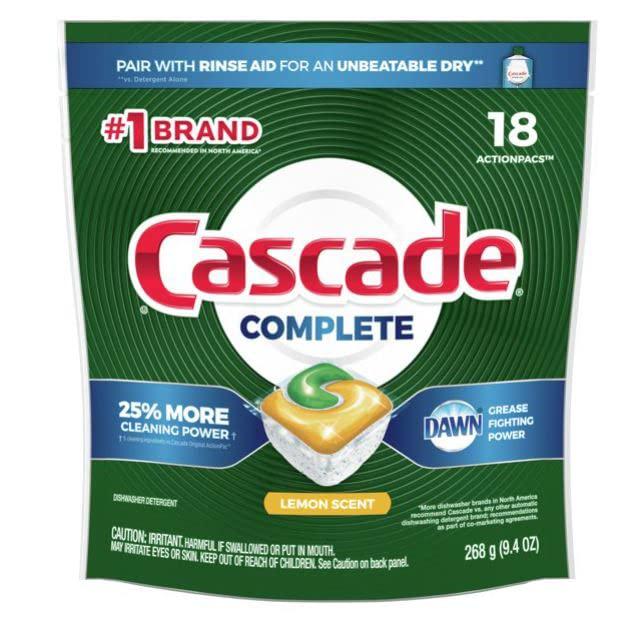 Cascade Cascade Complete Dishwasher Pods, ActionPacs Dishwasher Detergent Tabs, Lemon Scent, 18 Count