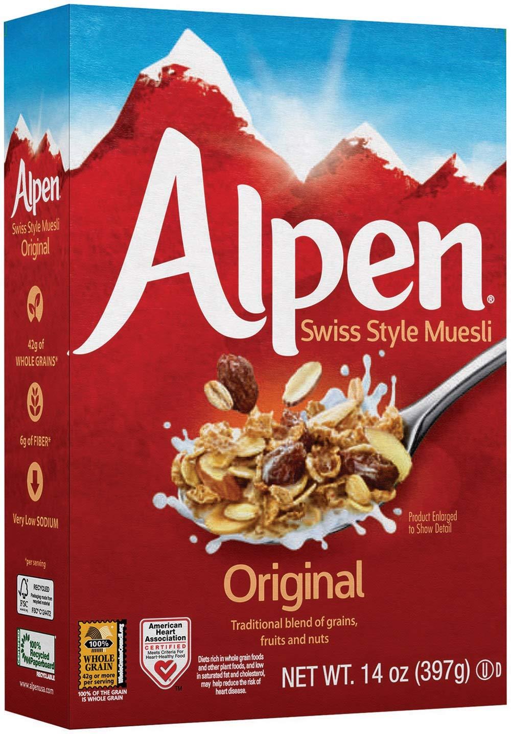 Three Sisters Alpen Original Muesli, Swiss Style Muesli Cereal, Whole Grain, Non-GMO Project Verified, Heart Healthy, Kosher, Vegan, 14 Oz Box