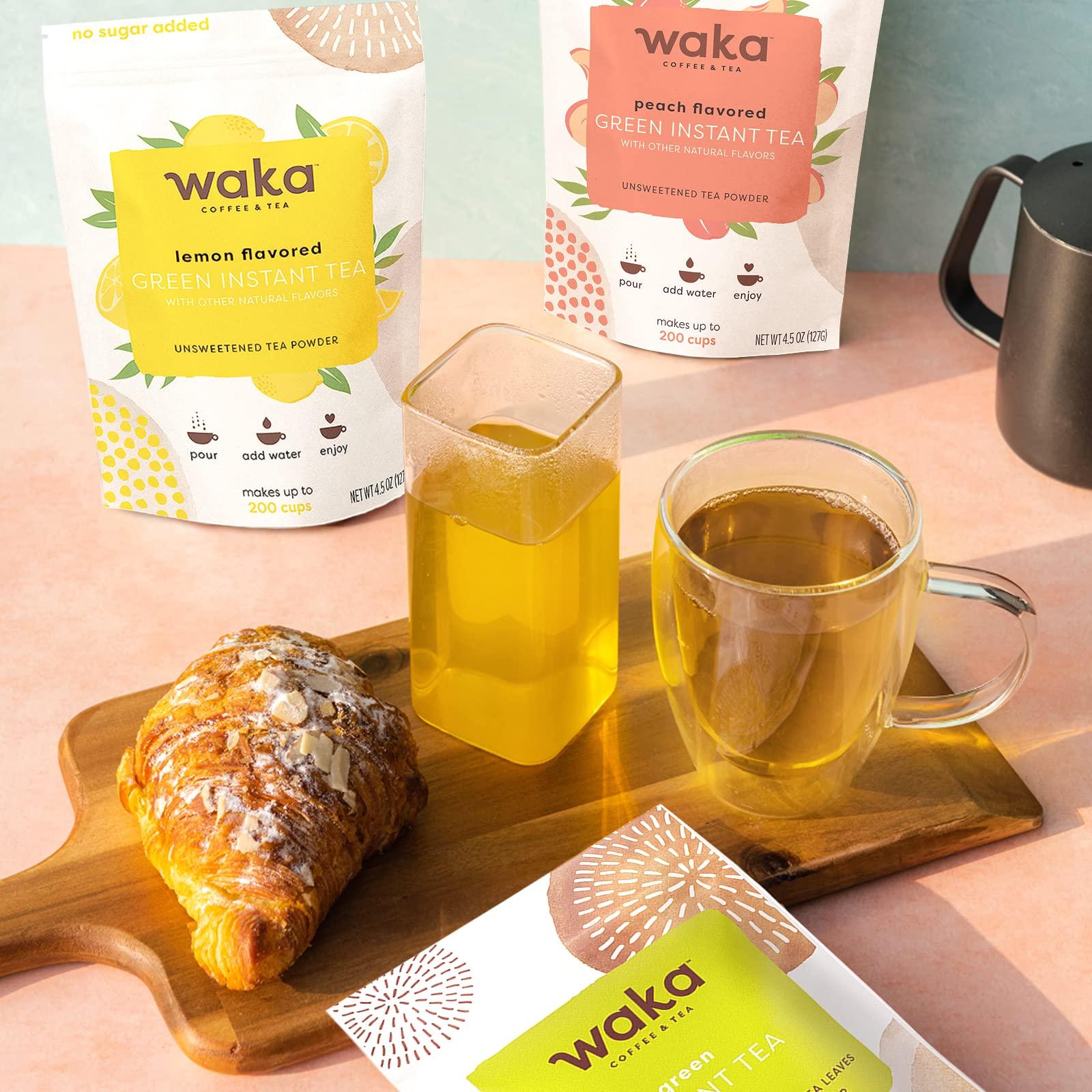 Waka Coffee Waka Instant Tea Mix, 3 Bag Bundle - 100% Tea Leaves, No Additives, Unsweetened Tea Powders - Classic, Lemon Flavored, Peach Flavored Green (4.5oz Each)