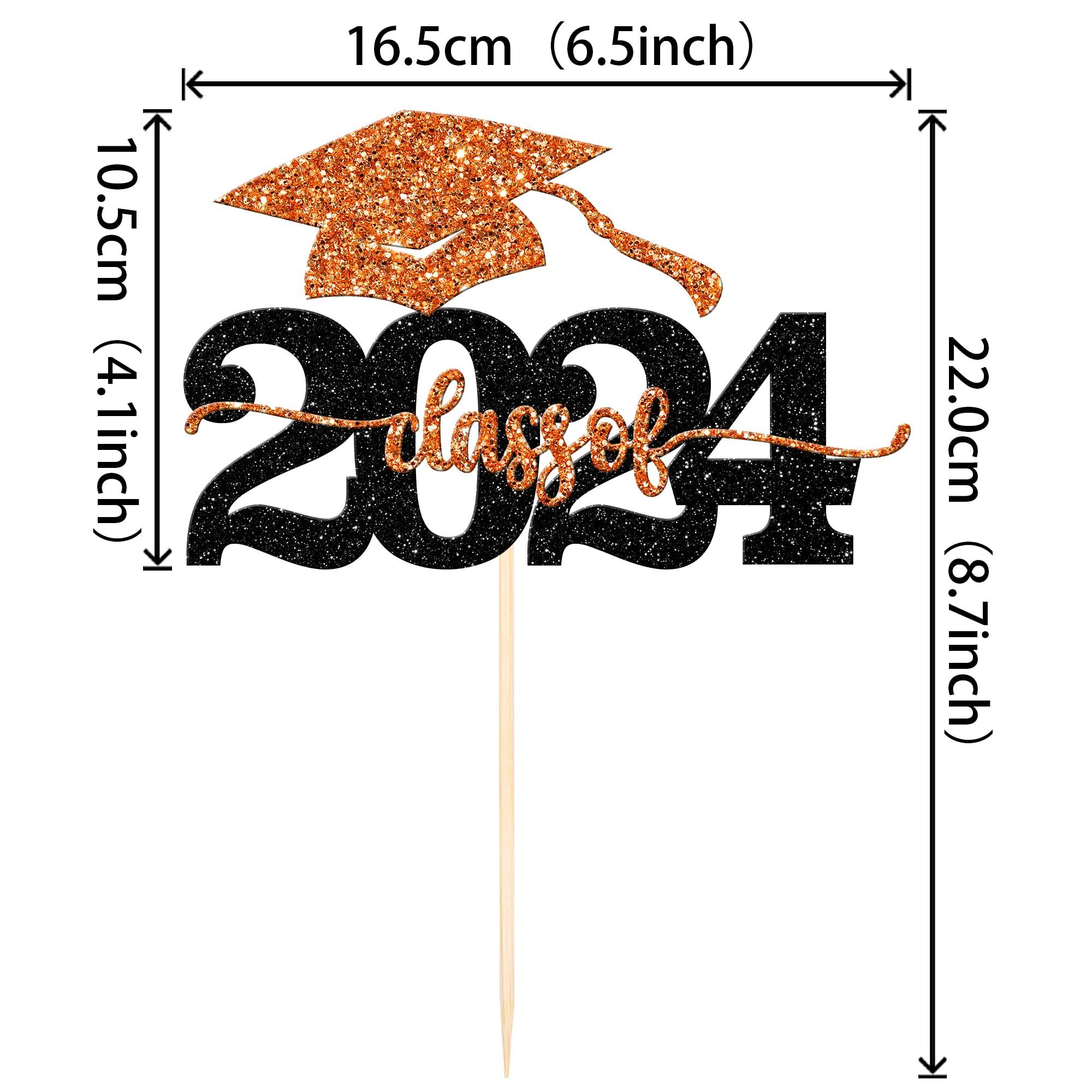 ZHUOWEISM 1 PCS Class of 2024 Cake Topper Black Glitter 2024 Graduation Cake Pick Congrats Grad Cap 2024 Cake Decoration for 2024 College Graduation Theme Party Decorations Supplies Orange