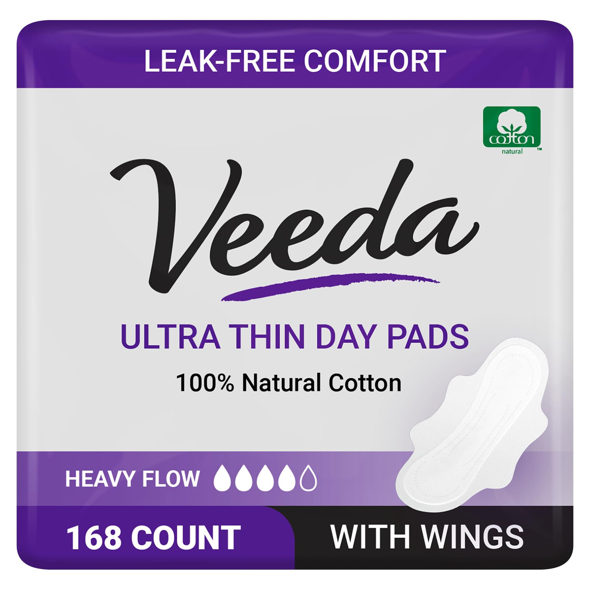 Veeda Veeda Natural Cotton Day Pads for Women - Heavy Flow Absorbent Ultra-Thin Feminine Pads with Wings - Hypoallergenic Period pads - Unscented & Chlorine free Sanitary Napkins - 168 Count