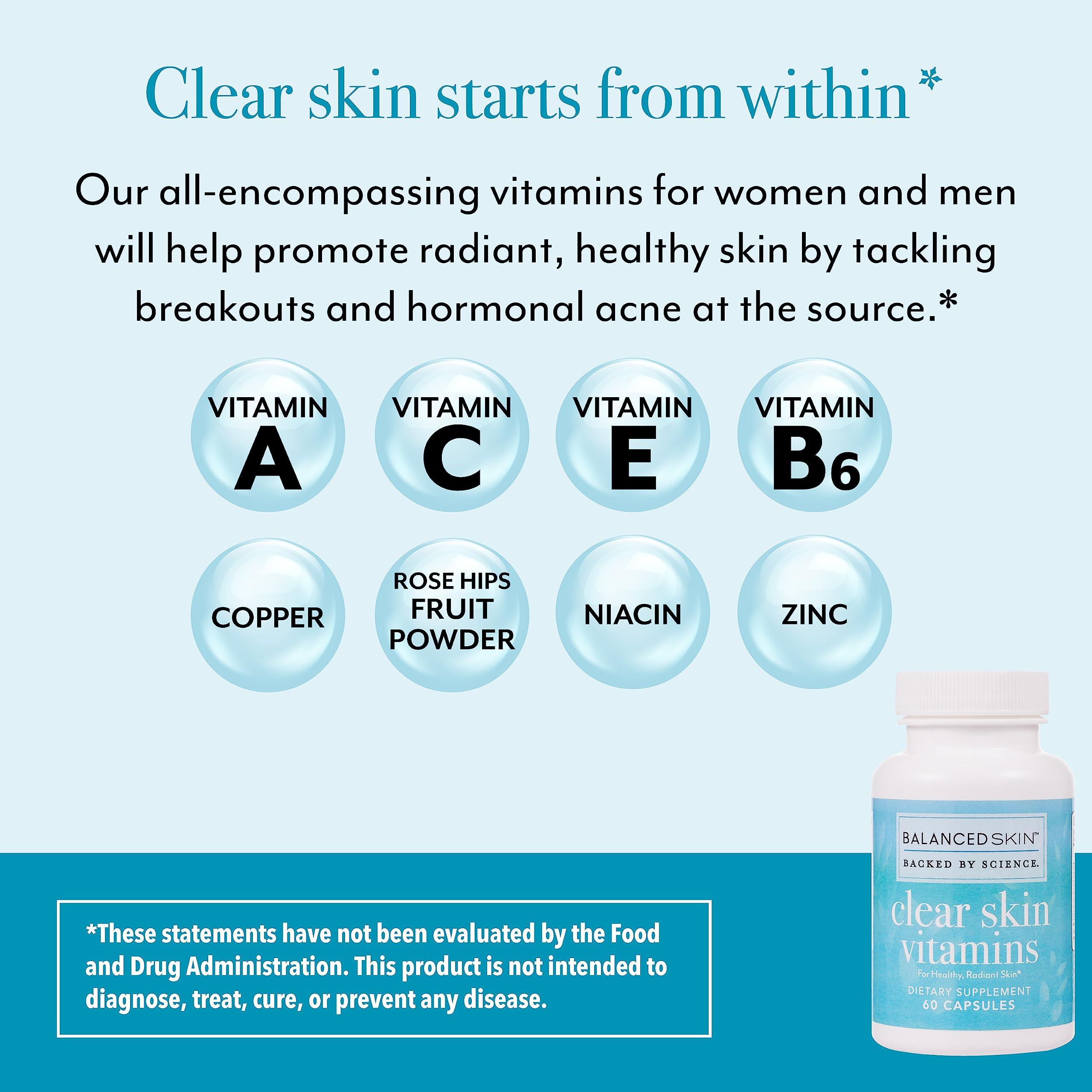 BALANCED SKIN Clear Skin Vitamins for Women & Men - Supplement for Healthy Glowing Skin and Acne Control* - Patented and Dermatologist Developed Hormonal & Cystic Acne Pills