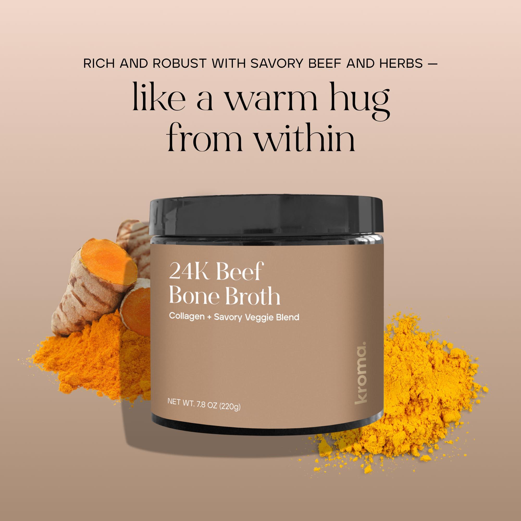 KROMA. Kroma Premium Grass Fed Beef Bone Broth, Dairy & Gluten Free Powder Mix with Collagen, Protein, Turmeric, & other Organic Ingredients, Promotes Gut Health & Healthy Skin, Hair & Nails, 10 Servings