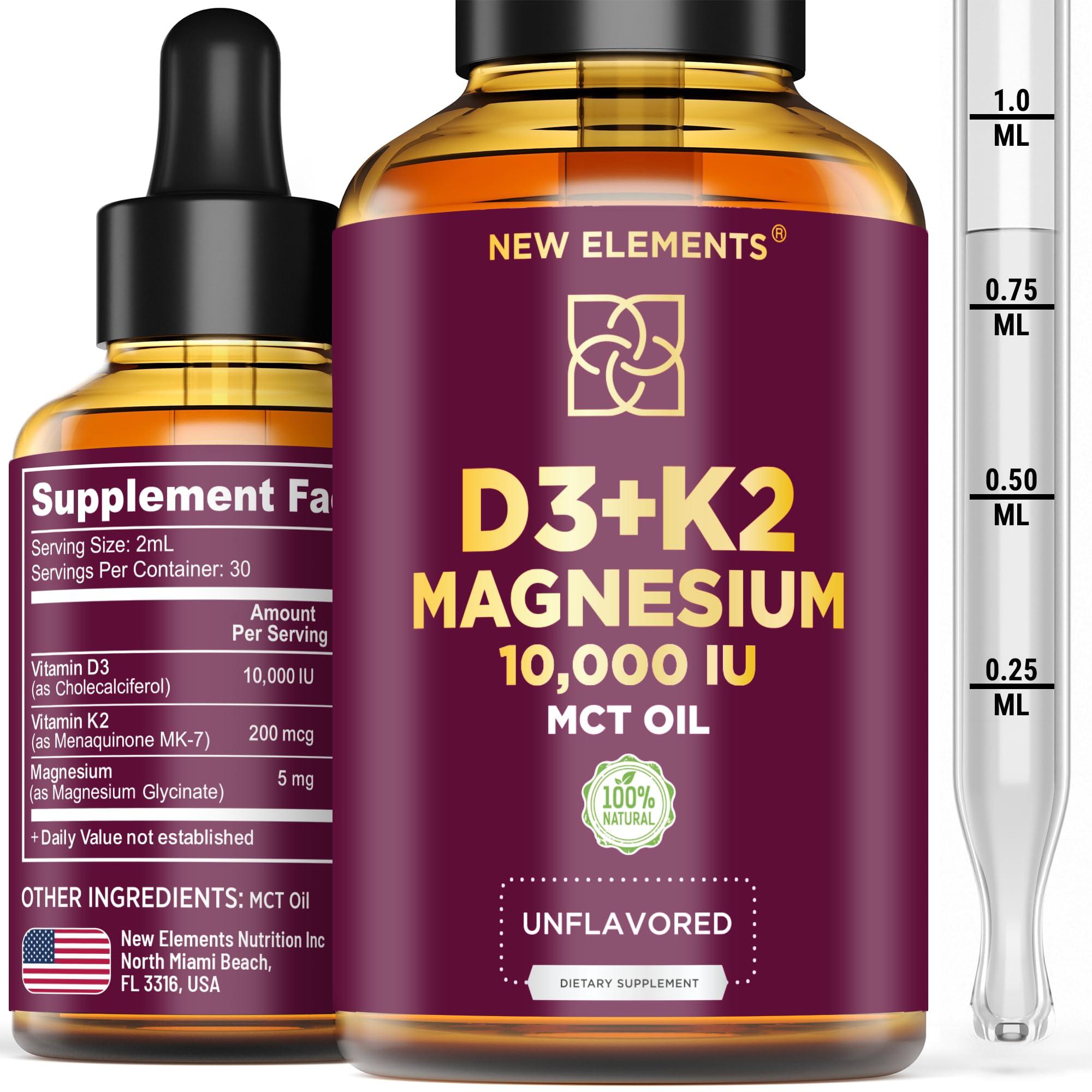 New Elements Liquid Vitamin D3 K2 10000IU with Magnesium Glycinate 5mg | VIT D3 K2 Drops for Adults | Mk7 Vitamin K2 100mcg | Vitamin D3 + K2 Supplement for Men & Women | Gluten Free | Non-GMO