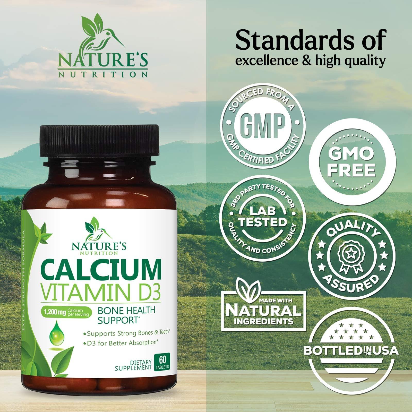 Nature's Nutrition Calcium 1200 mg with Vitamin D3, Calcium Supplement Vitamins, Supports Bone Strength, Teeth & Immune System, Calcium Supplements for Women & Men, Nature\'s Absorbable Calcium Carbonate - 60 Tablets