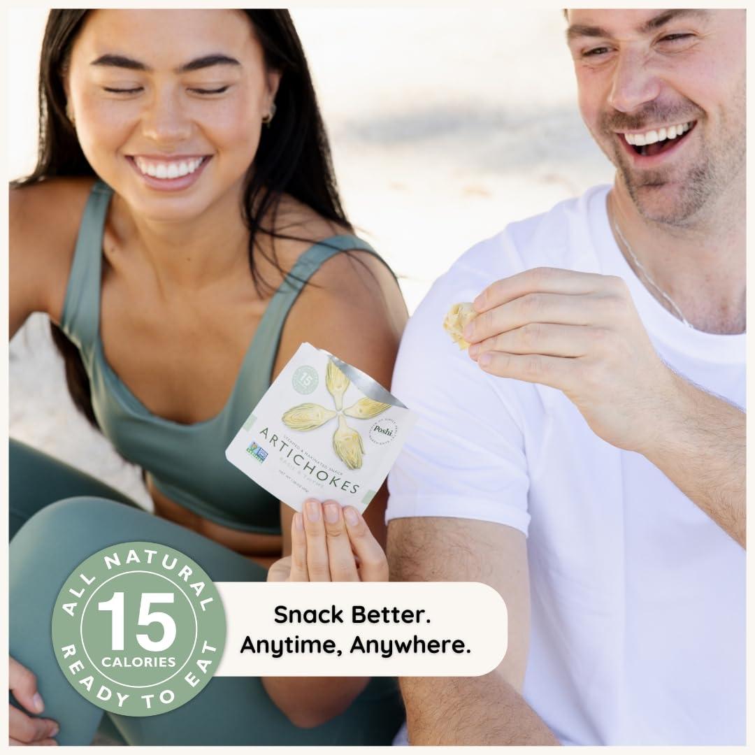 Poshi POSHI Marinated Artichoke Hearts Snack Pack | Basil + Thyme | Keto, Vegan, Paleo, Non GMO, Low Carb + Calorie, Gluten Free, Fully Cooked Vegetables, Gourmet, Healthy, All Natural (10 Pack, 1.58 oz)