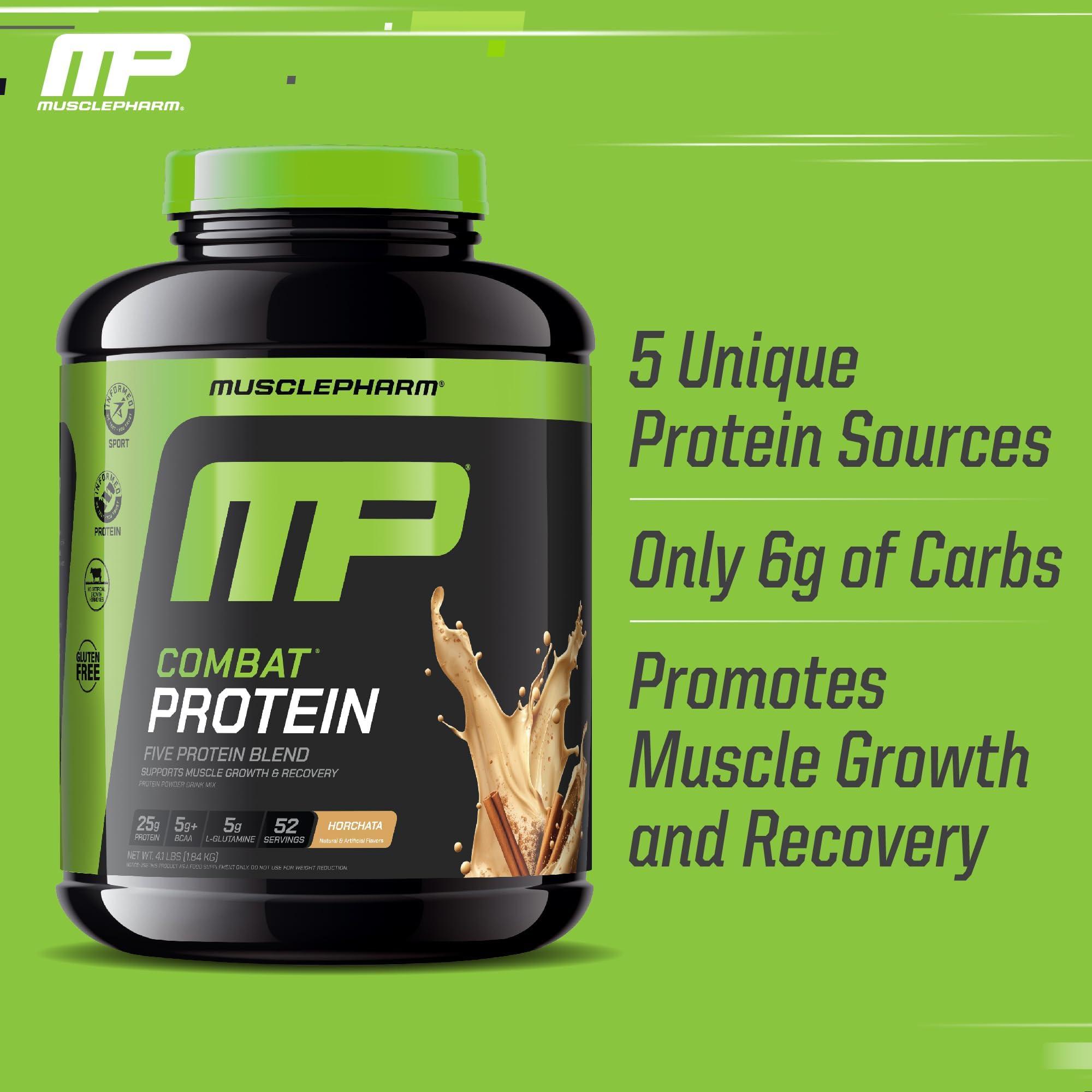 Muscle Pharm MusclePharm Combat Protein Powder, Horchata Flavor, Fuels Muscles for Productive Workouts, 5 Protein Sources Including Whey Protein Isolate & Egg Albumin, Gluten Free, 4 lb, 52 Servings