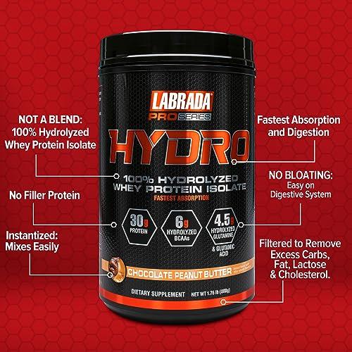 Labrada LABRADA HYDRO 100% Pure Hydrolyzed Whey Protein Isolate Powder, Lactose free, 6g BCAAs, 4.5g Glutamine, Fastest Digesting Whey Available, Instant Mixing, Delicious Taste 20 Servings Choc PeanutButter