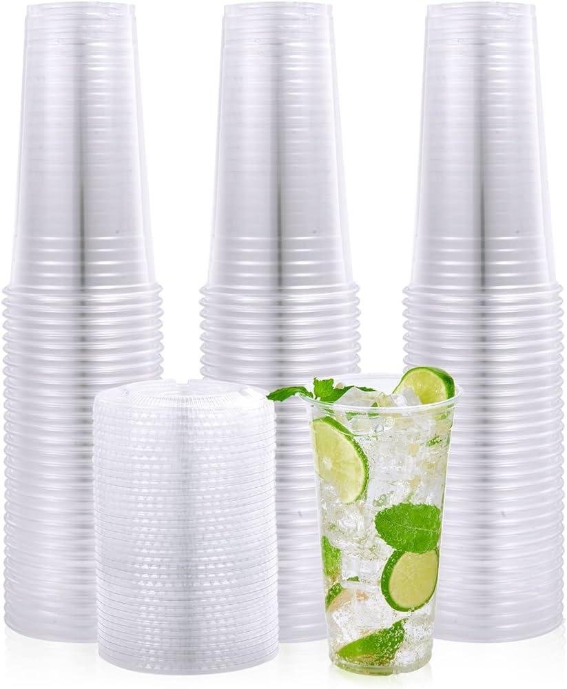 Cristal Plastic 24 oz Clear Plastic Cups with Flat Lids - 50 Pieces - Clear Disposable PET Plastic Cups - Suitable for Cold Coffee, Drinks, Juices and Shakes