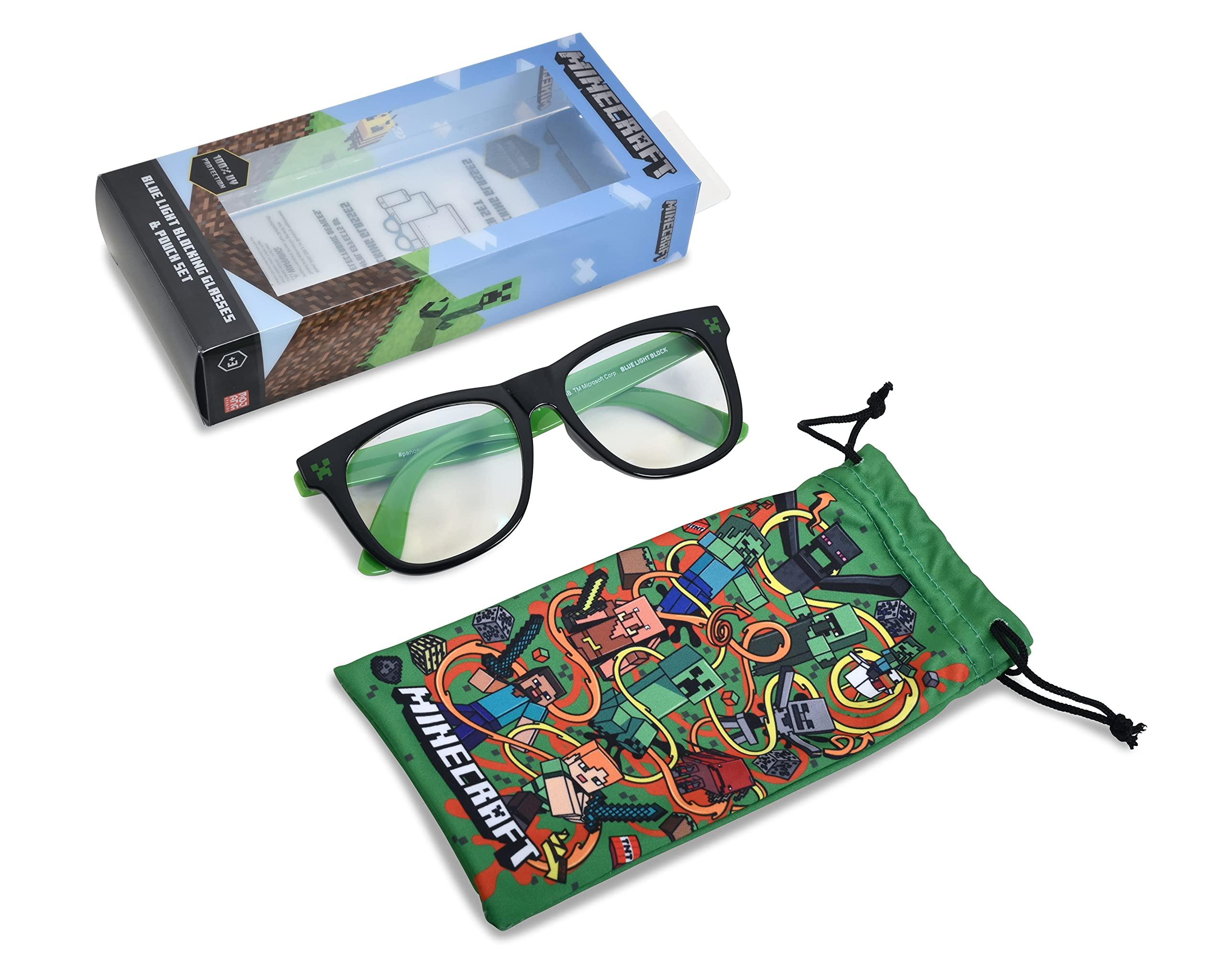 Minecraft Minecraft Blue Light Blocking Glasses with Pouch Computer Glasses and Video Gaming Eyewear Protection (Green/Black)