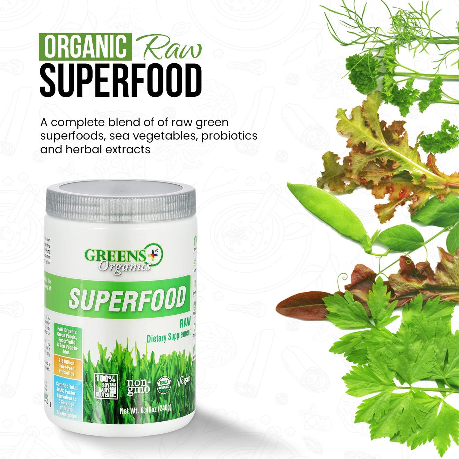 Greens+ Greens+ Organic RAW Superfood Powder, Super Blend Immune Support, Morning Kick, Energy Boost, Nutrition Vibrant Health, Dietary Supplement, Vegan Soy/Dairy/Gluten Free(8.46oz)