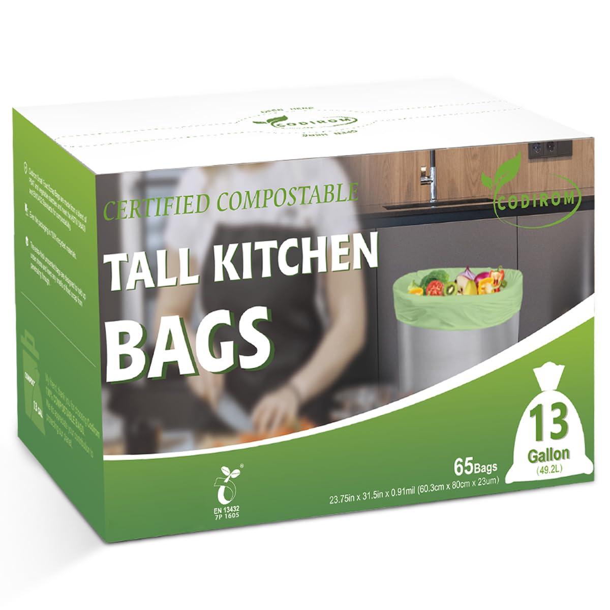 Codirom 100% Compostable Trash Bags, 13 Gallon, 49.2 Liter, 0.91 Mils, 65 Count Kitchen Tall Food Scrap Compost Bags for Tall Kitchen Trash Cans with Europe EN13432 Certified