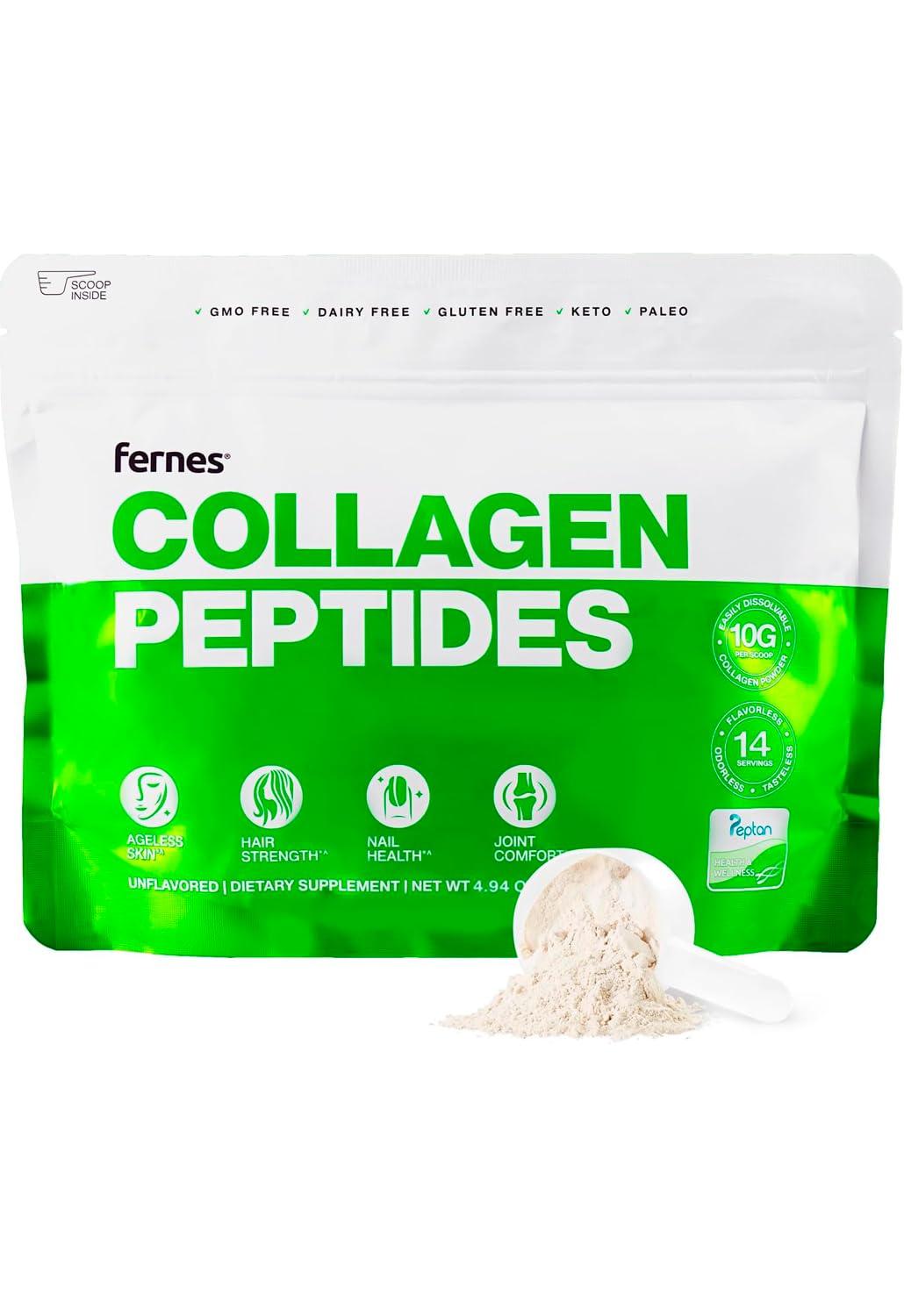 Fernes Hydrolyzed Collagen Peptides Supplement for Women & Men - Joint, Hair, Skin & Nails Support - Grass Fed Type I & III - Keto, Paleo - 14 Servings, 4.9 oz, Unflavored Powder