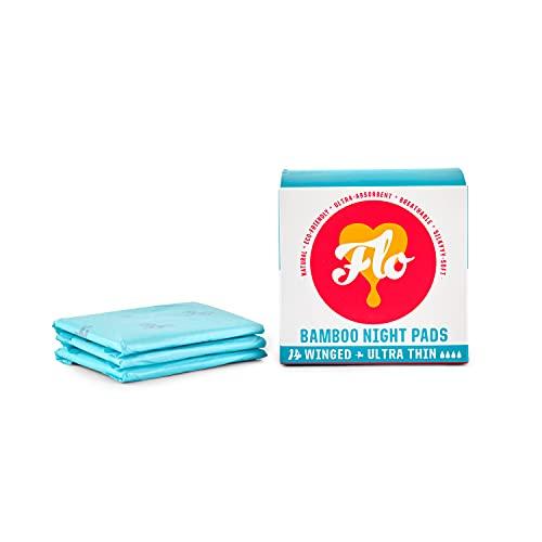 FLO FLO Organic Bamboo Period Pads for Women, Biodegradable, Winged, Feminine Care, Organic Menstrual Products, Plant-Based, Plastic-Free, Sanitary Napkins, Night Pads, Black-Owned, Compostable,14 Count