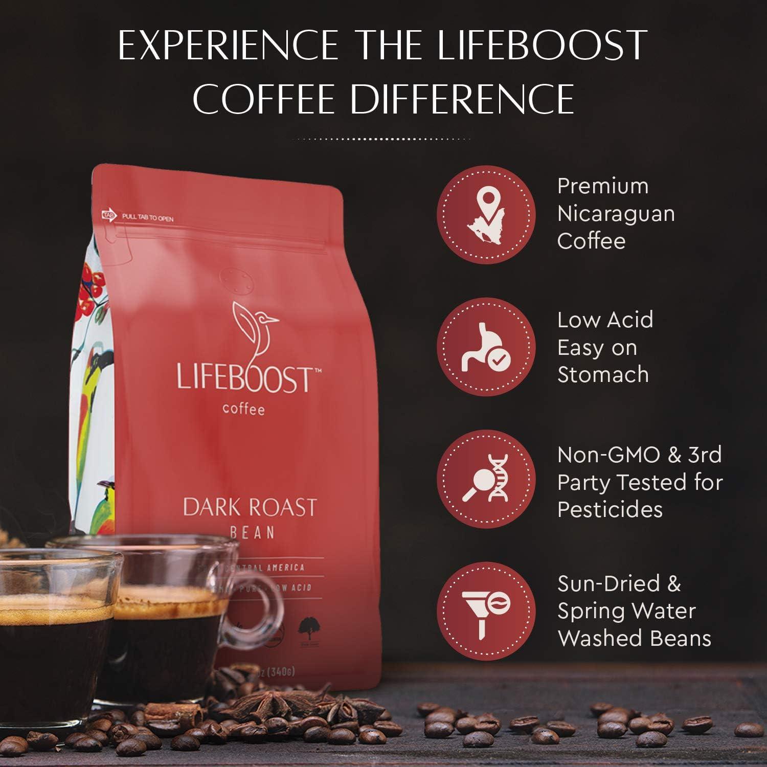 LIFEBOOST Lifeboost Coffee Dark Organic Coffee Beans - Dark Roast Low Acid Coffee Beans - Single Origin Non-GMO Organic Coffee - Third Party Tested For Mycotoxins & Pesticides - Whole Bean - 12 Ounces