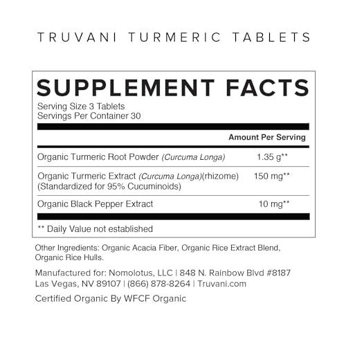 Truvani Truvani Organic Turmeric Curcumin Tablets 1,350 mg Each - Natural Joint Support with Black Pepper for Absorption - 90 Tablets