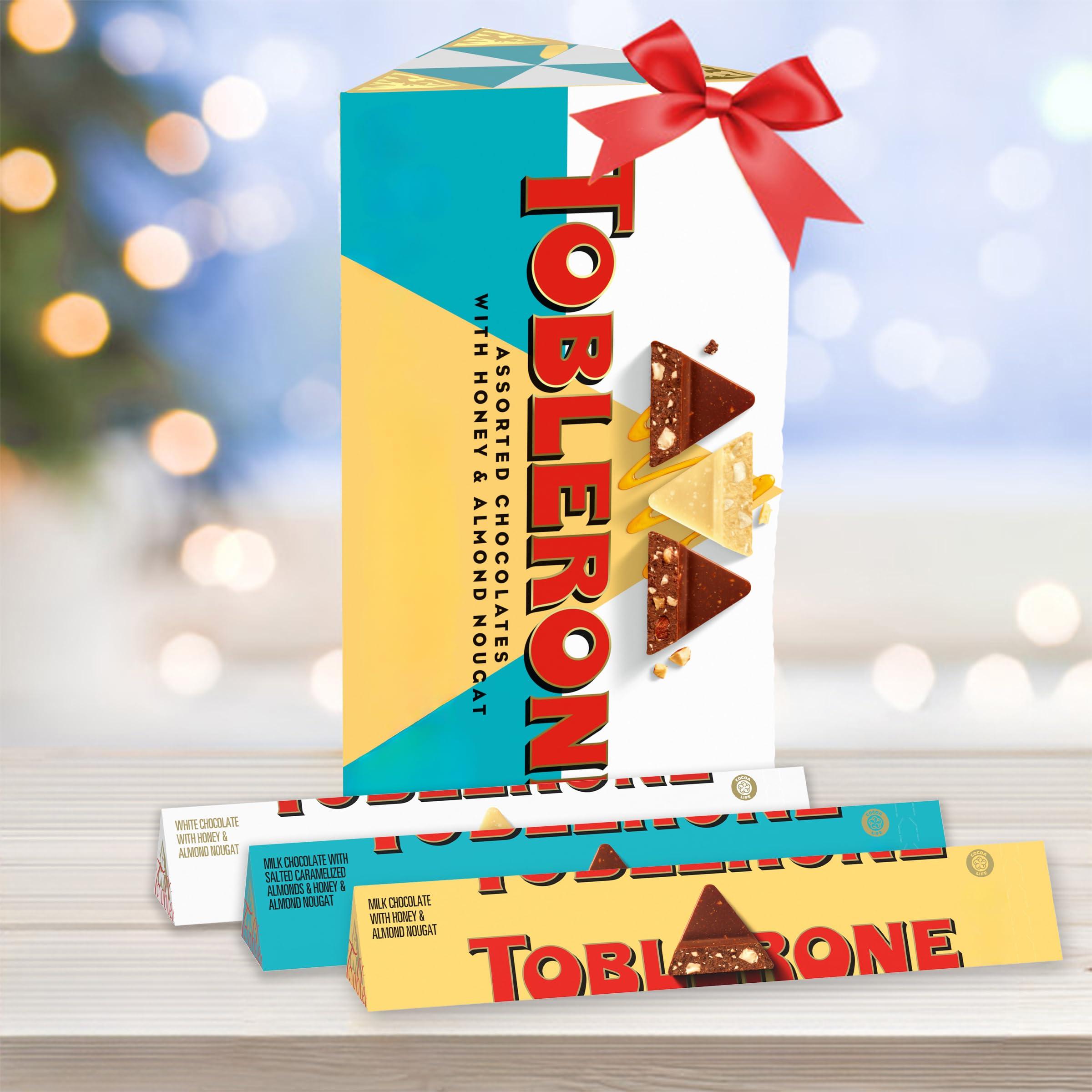 Toblerone Toblerone Chocolate Gift Box (Milk Chocolate, White Chocolate, & Milk Chocolate with Salted Caramelized Almonds Chocolate Bars), Valentines Day Chocolate Candy, 9 - 3.52 oz Bars