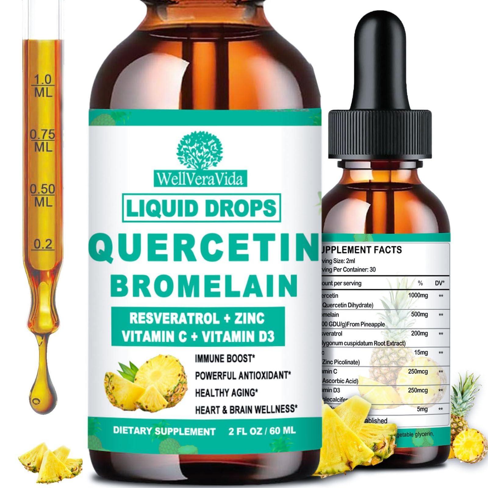 WellVeraVida Quercetin with Bromelain Liquid Drops, 4X Stronger Than Capsules & Pills, 7-in-1 Organic Zinc Quercetin 1000mg with Bromelain 500mg Vitamin C D3 Immune Complex for Respiratory Health & Antioxidant