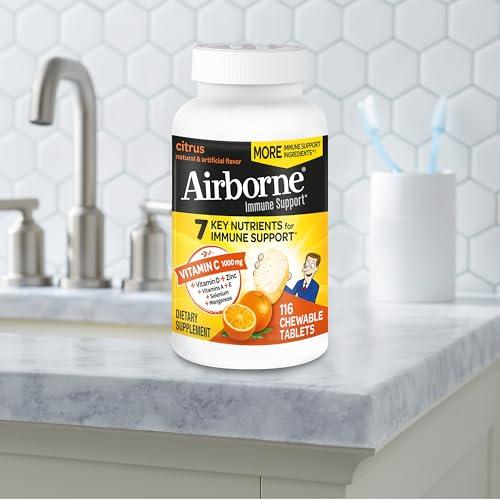 Airborne Airborne 1000mg Vitamin C Chewable Tablets with Zinc, Immune Support Supplement with Powerful Antioxidants Vitamins A C & E - (116 count bottle), Citrus Flavor, Gluten-Free