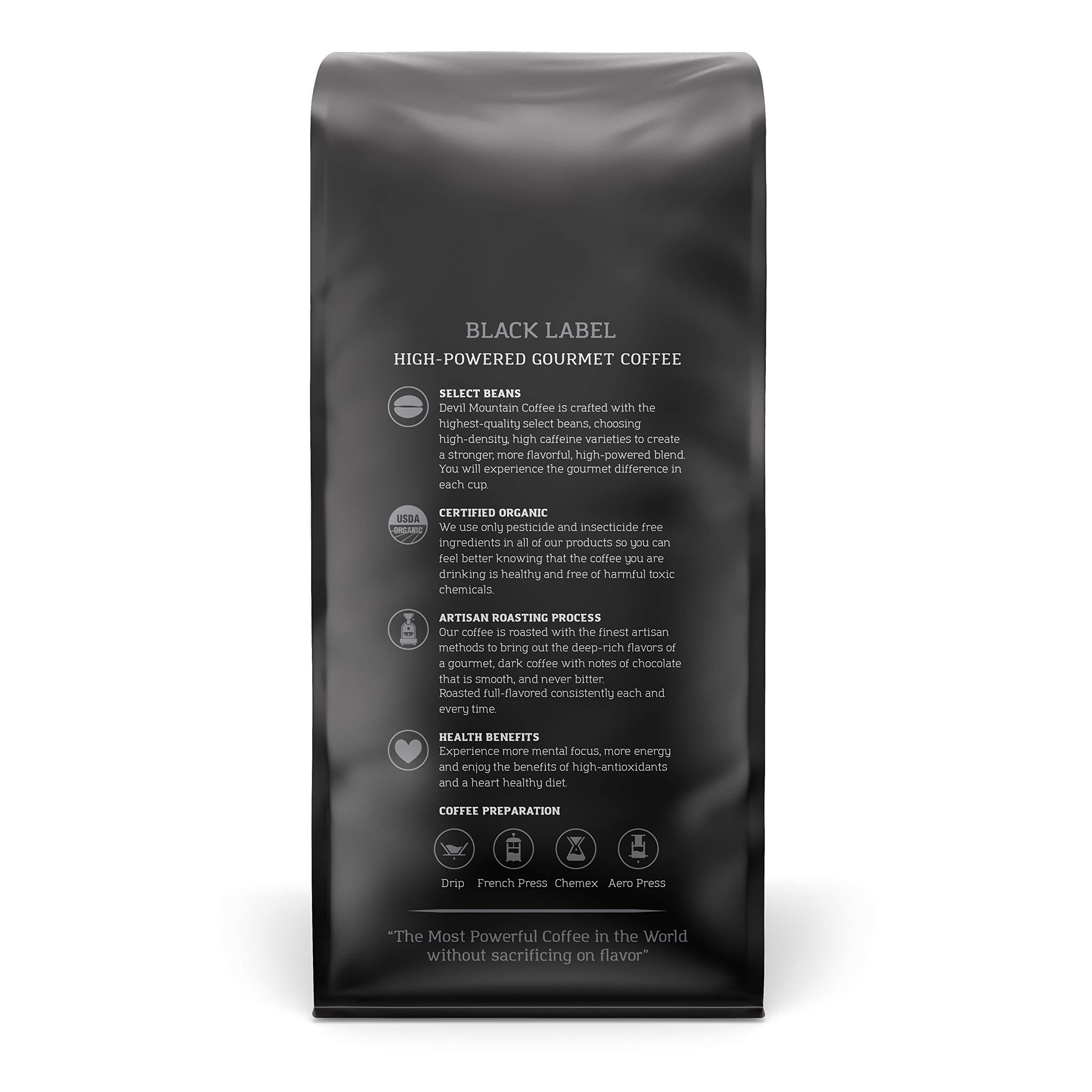 Devil Mountain Coffee Devil Mountain Coffee Black Label Dark Roast Whole Bean Coffee, Strong High Caffeine Coffee Beans, USDA Organic, Fair Trade, Gourmet Artisan Roasted, Strongest Coffee in the World, 16 oz Bag