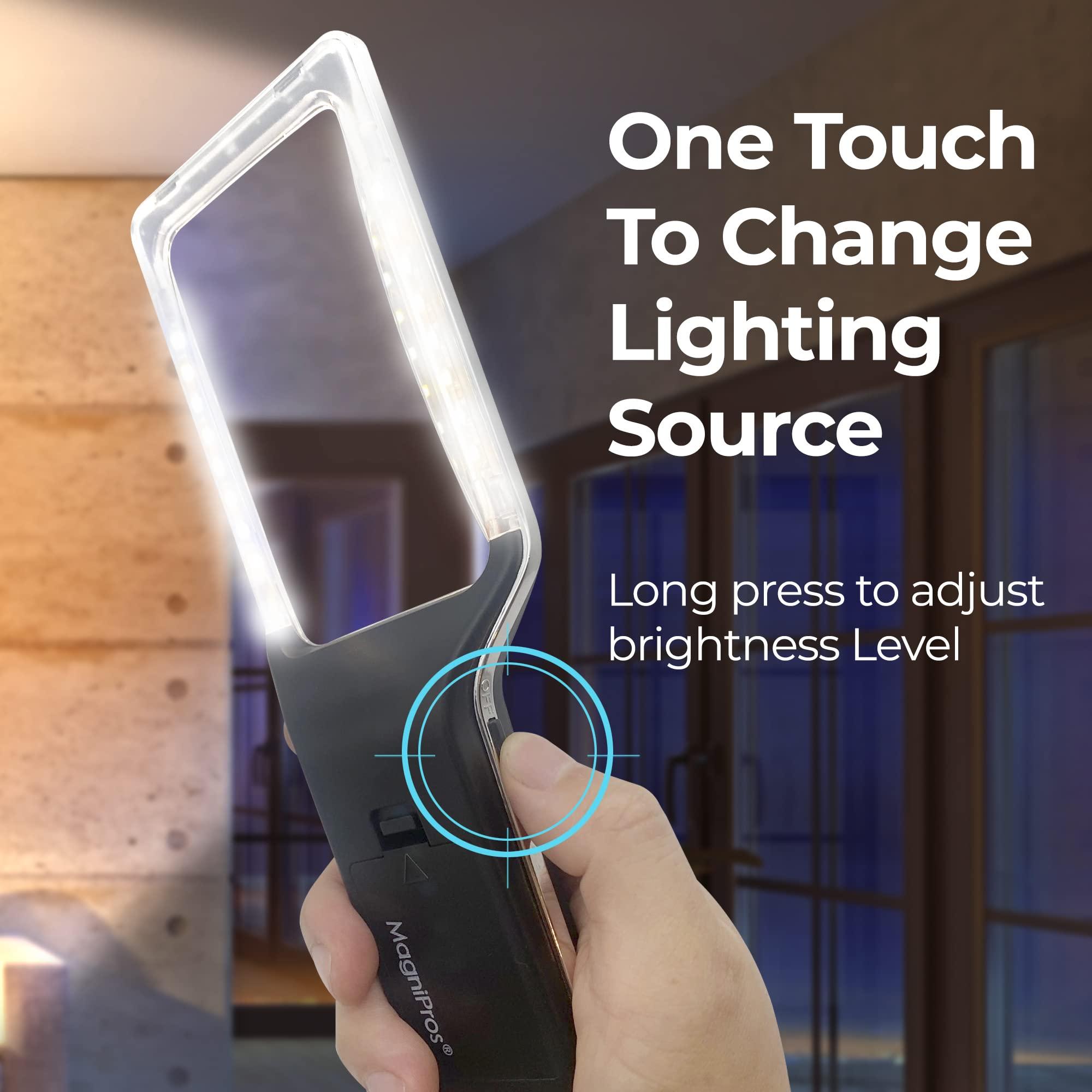 MagniPros See Things Differently MagniPros Patented 6X Rechargeable Magnifying Glass with 3 Color Light Modes & Anti-Glare Lens - Relieve Eye Strain | Perfect for Low Vision Seniors, Macular Degeneration & Fine Print