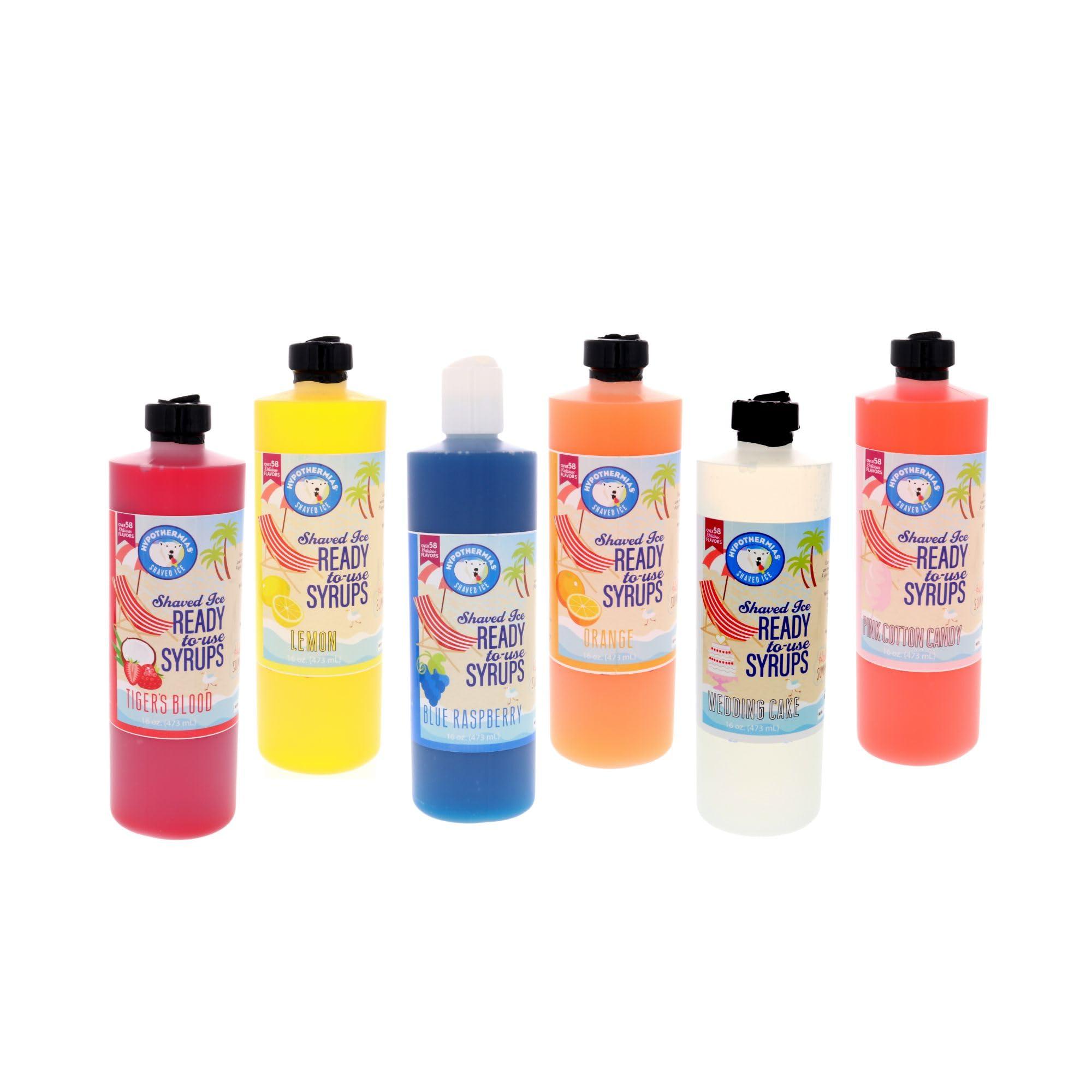Hypothermias Hypothermias Shaved Ice & Snow Cone Syrup Variety Pack - 6 Pints (16 Fl. Oz.) - Tiger\'s Blood, Blue Raspberry, Lemon, Orange, Wedding Cake & Pink Cotton Candy - Non-GMO 100% Pure Cane Sugar
