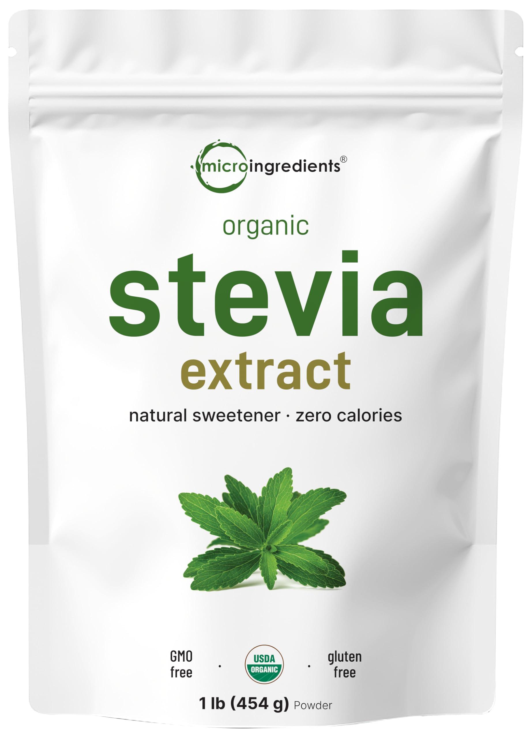 Micro Ingredients Pure Organic Stevia Powder, 1 Pound (2,837 Servings), Highest Grade Stevia Green Leaf Extract Reb-A | Reduced Bitter Aftertaste | 0 Calorie, Natural Sweetener, Sugar Alternative, Keto Friendly