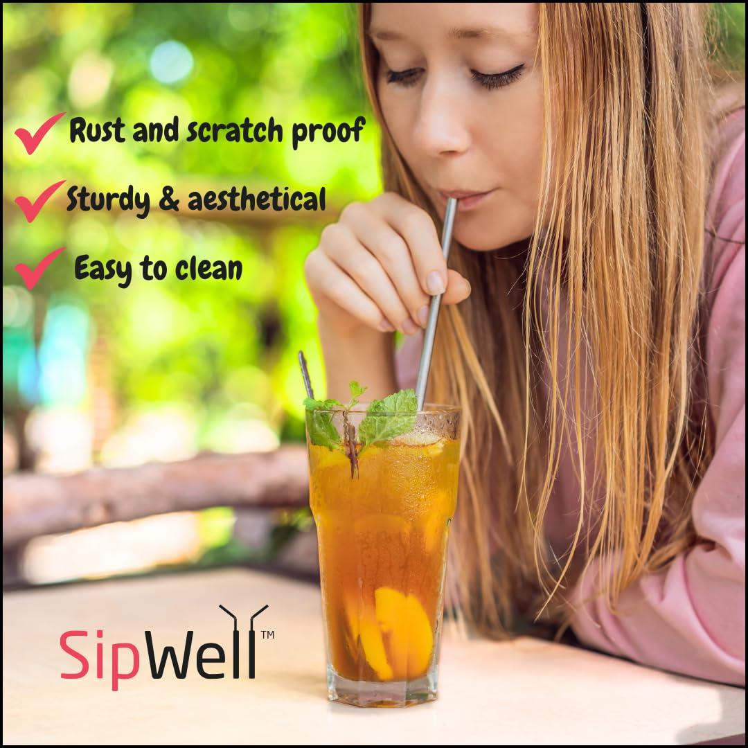 SIPWELL SipWell Stainless Steel Drinking Straws Set of 4, Curved metal Straws reusable for 20 0z Tumbler, | Fits all Yeti SIC Simple Modern Tumblers, Cleaning Brush Included.