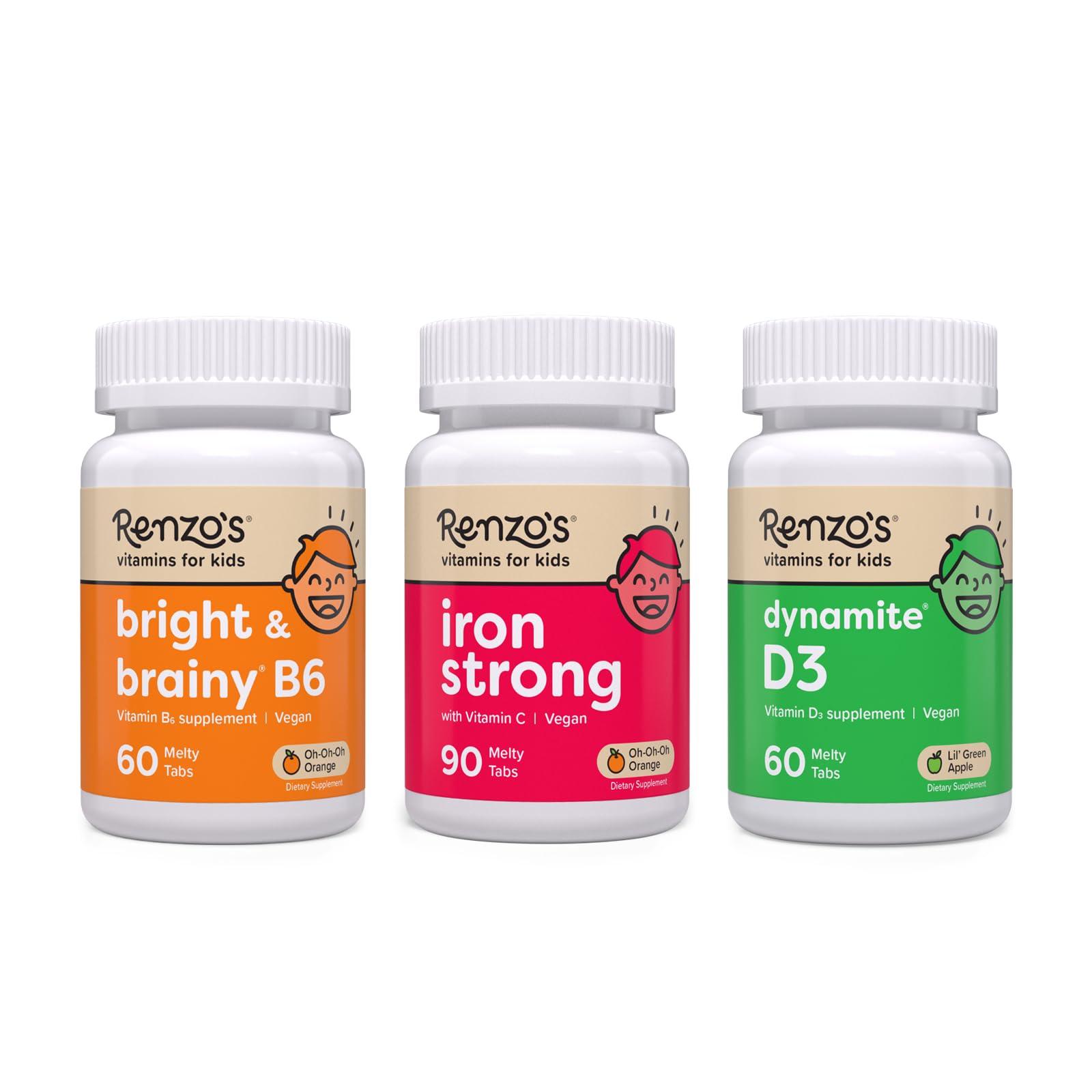 Renzo\'s Renzo\'s Vitamins Mighty Kid Bundle - Iron Supplements for Kids, Vitamin D3 for Kids, and Bright & Brainy Vitamin B6