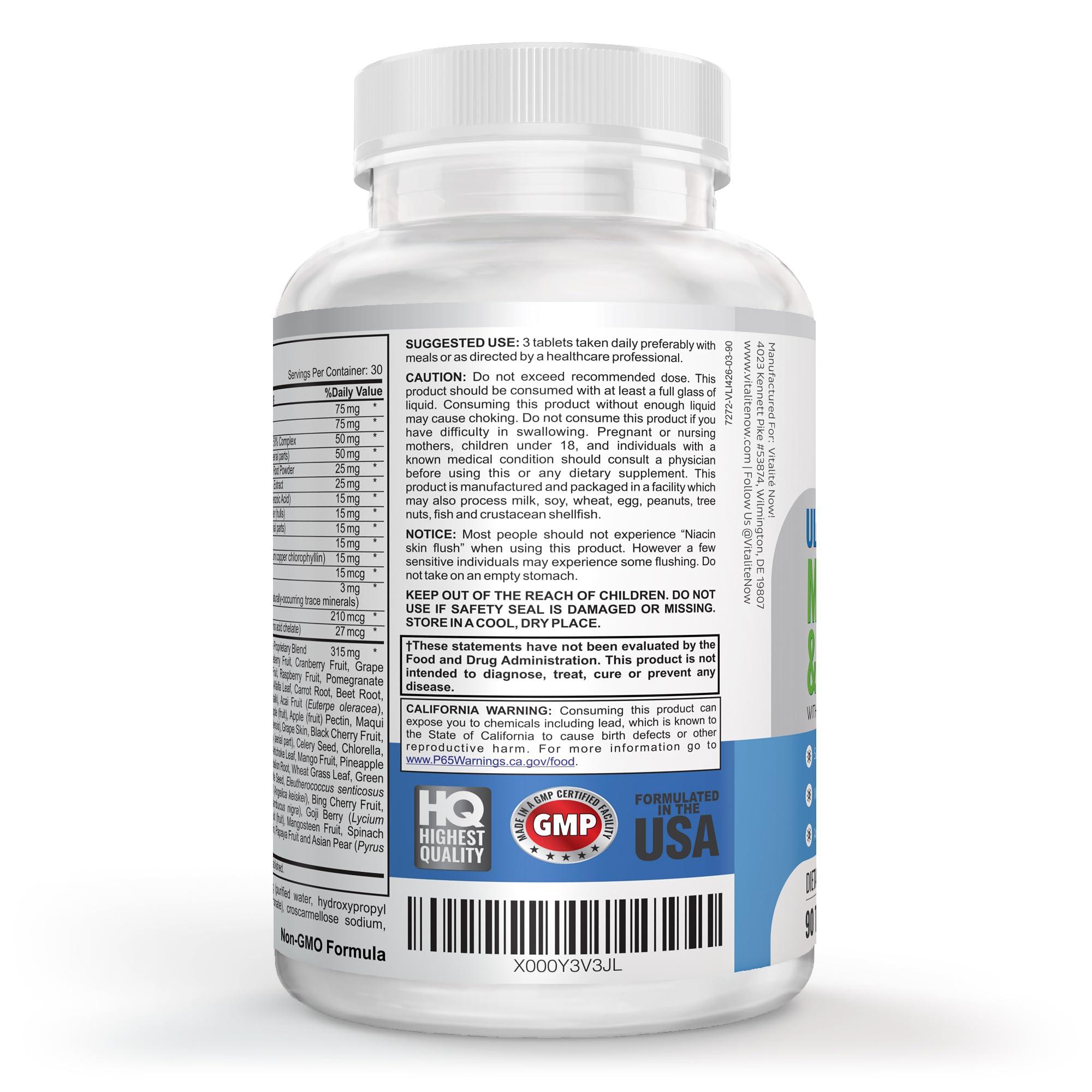 Vitalit Now! Vegan Whole Food Multivitamin & Mineral - Vitamins A B1 B2 B6 B12 C D3 E & 110 Super Foods, Herbs, Greens & Reds - Enzymes & Probiotics for Immune Support - Energy Boost - 90 Tablets