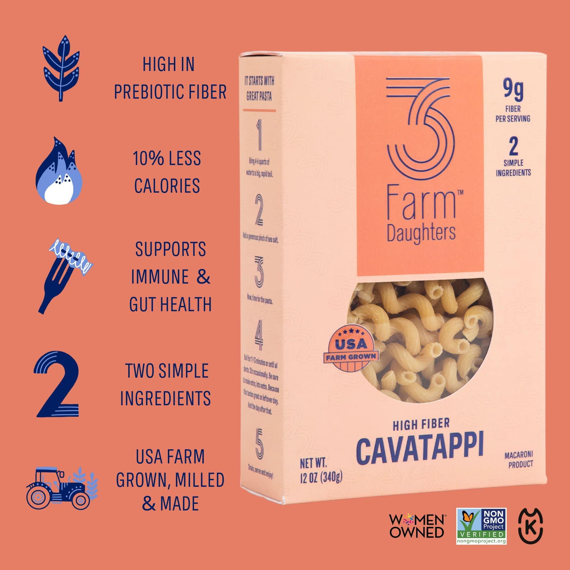 Three Farm Daughters 3 Farm Daughters High Fiber Pasta Variety Pack, Includes Penne, Elbow, Rotini & Cavatappi, Low GI, Non GMO, Low Net Carb, Made in the USA, 12 oz. (4 Pack)