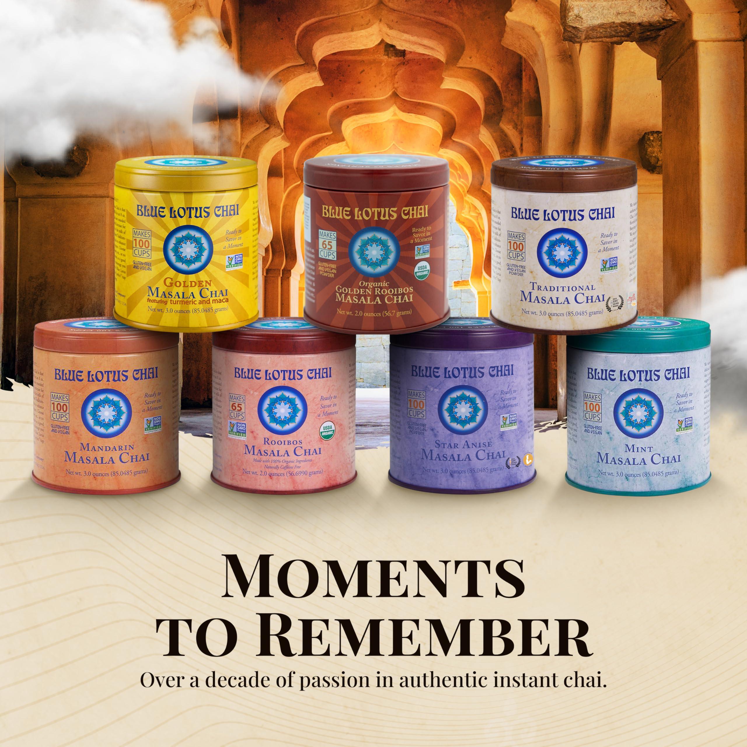 BLUE LOTUS CHAI Blue Lotus Chai - Golden Rooibos Flavor Masala Chai - Makes 65 Cups - 2 Ounce Masala Spiced Chai Powder with Organic Spices - Instant Indian Tea No Steeping - No Gluten