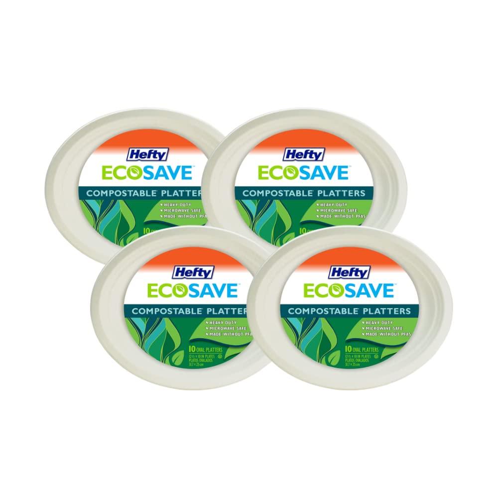 Hefty Hefty EcoSave Disposable Oval Platters, Made from Plant Based Materials, Heavy Duty & Microwave Safe Large Oval Platter Paper Plates, 10 CT (Pack of 4)