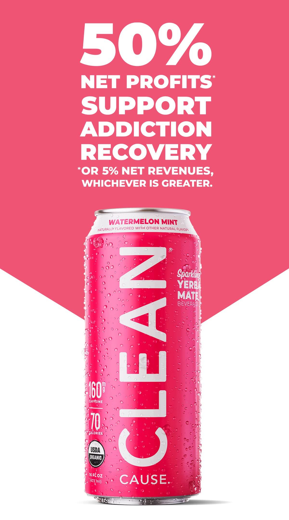 CLEAN CAUSE. CLEAN Cause Low Calorie Watermelon Mint Sparkling Yerba Mate Tea, 160mg Caffeine, Organic, Low Sugar, Healthy Alternative to Energy Drinks (16oz cans, 12-Pack Case)