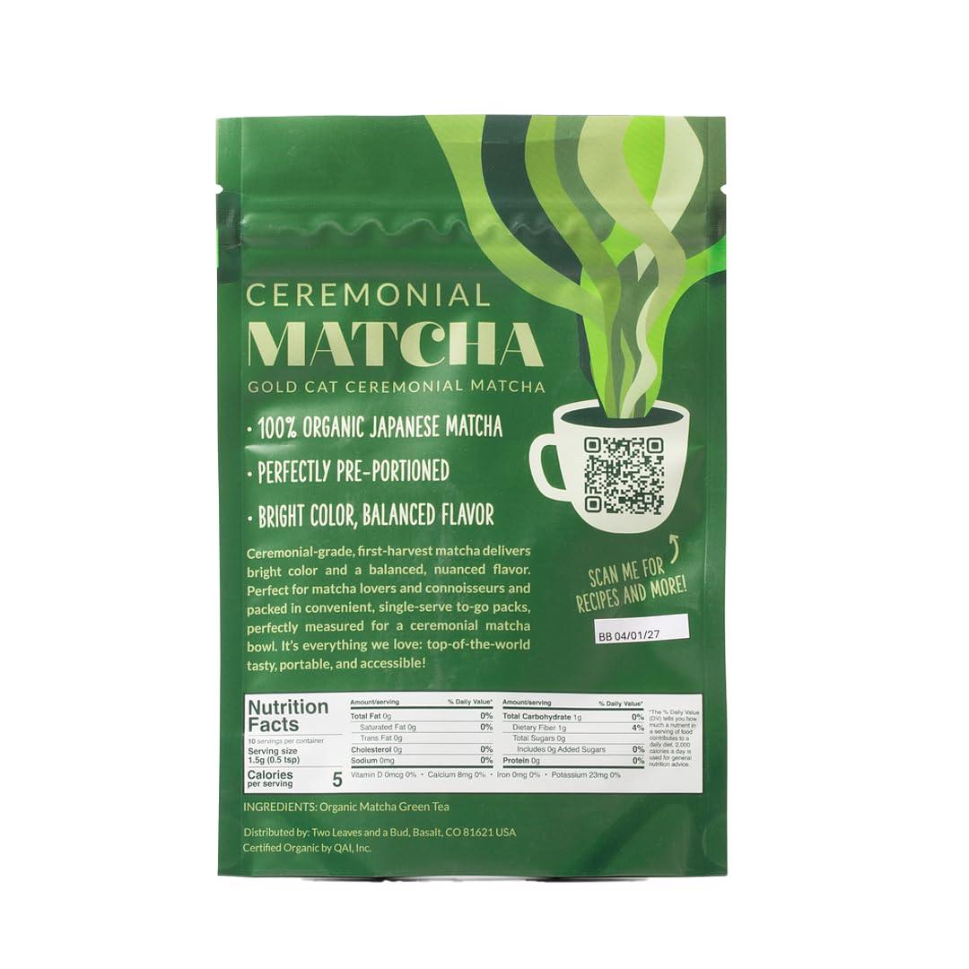 Two Leaves and a Bud Two Leaves and a Bud Organic Ceremonial Matcha Green Tea, 100% Japanese Matcha powder, 1.5g Pre-Portioned Single-Serve Sticks, Pack of 10