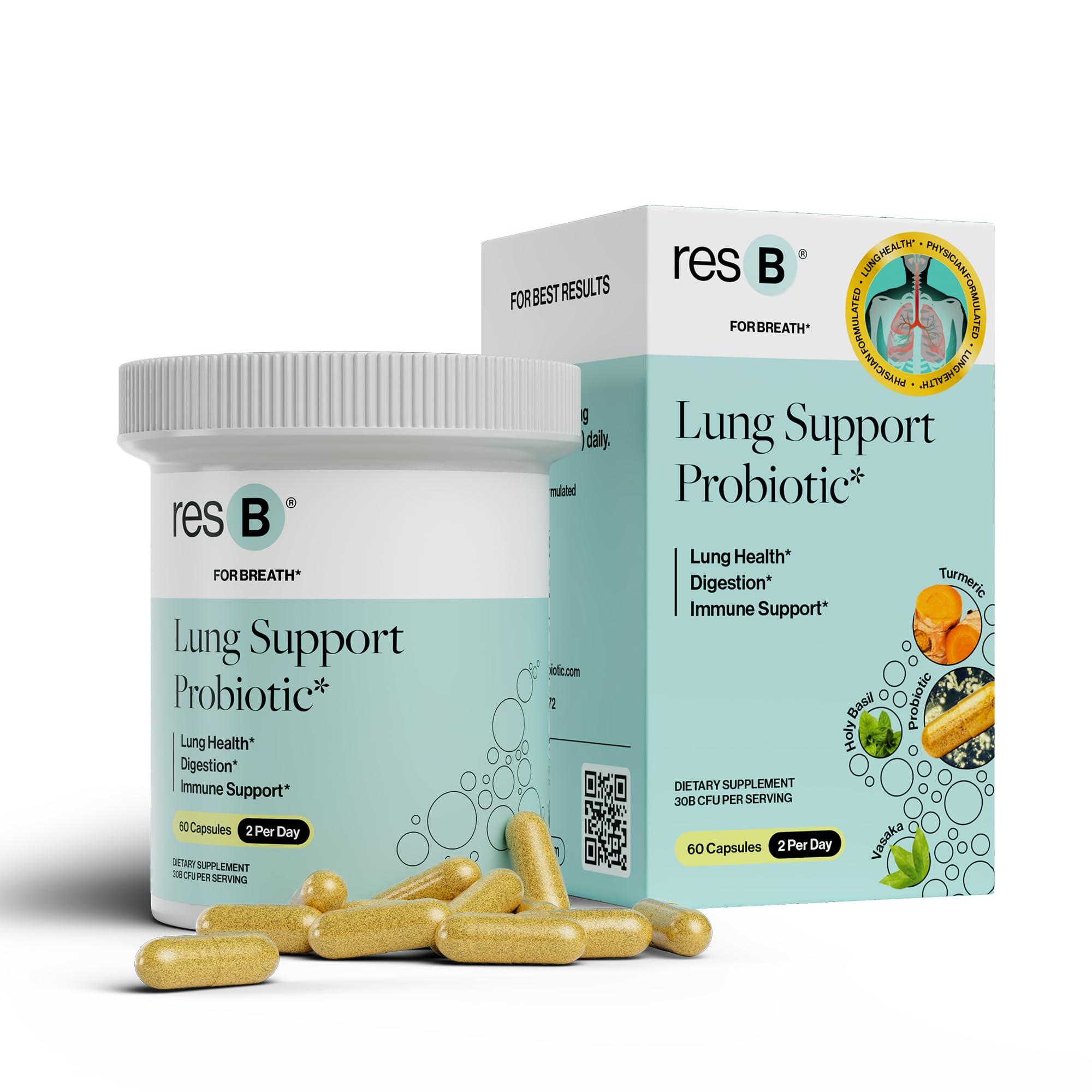 ResBiotic resbiotic resB Lung Support Probiotic Supplement - Lung Health Supplement for Smokers, Gut Health, Immune & Digestive Support, Respiratory Care, Holy Basil & Turmeric, Clinically Trialed - 60 Capsules