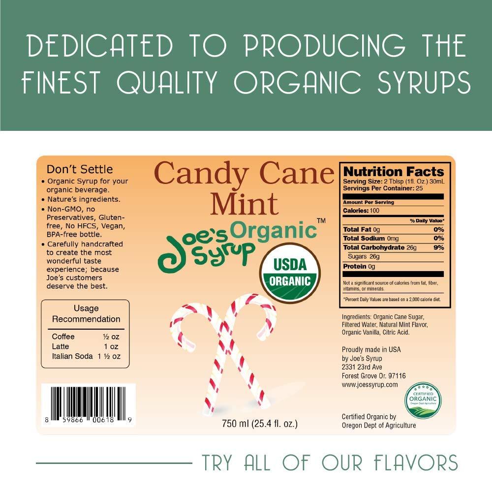Joe's Syrup Joe’s Syrup Organic Flavored Syrup, Organic Candy Cane Mint, 750 ml (3 Pack)