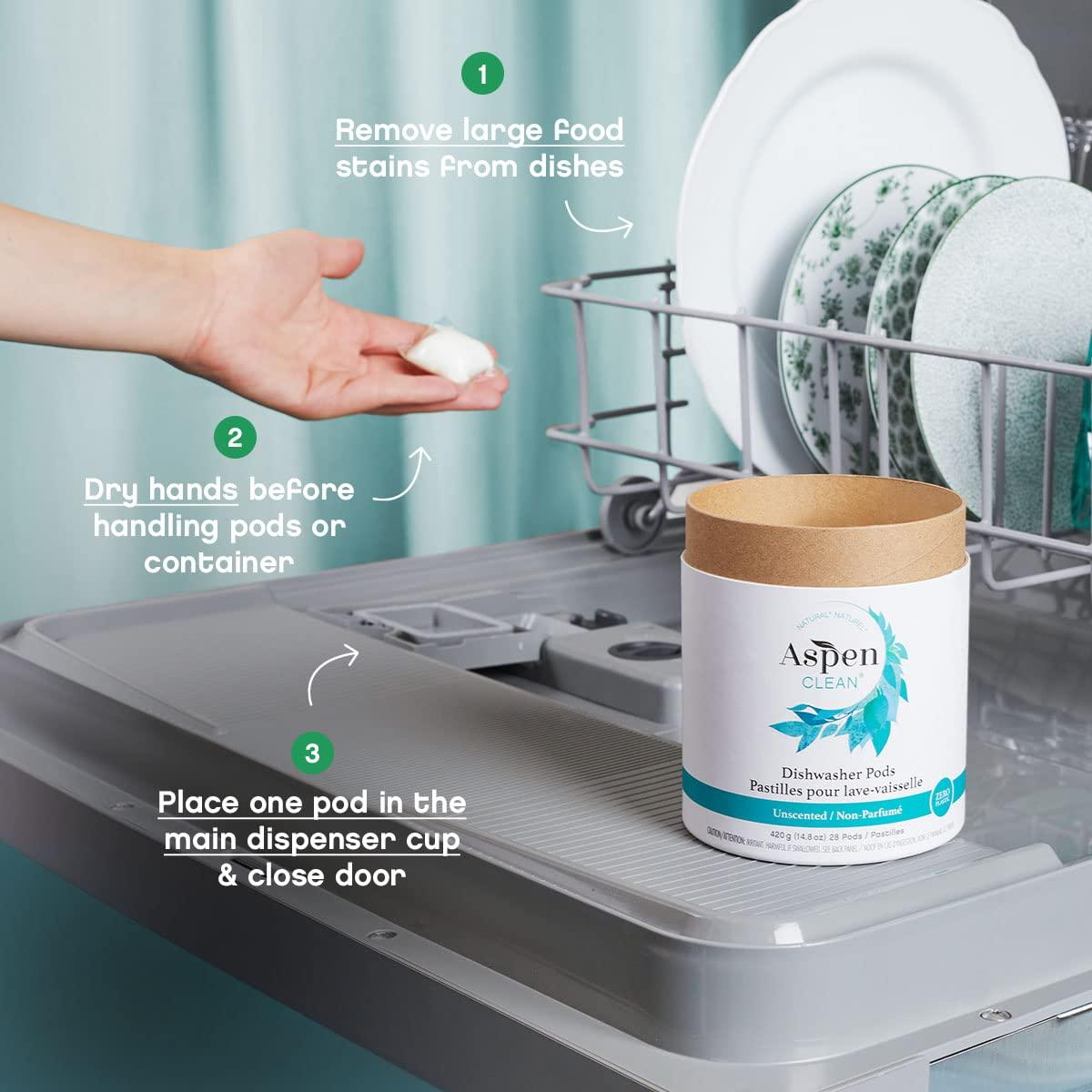 AspenClean Unscented Dishwasher Pods by AspenClean, Dye-Free, Zero Plastic, EWG Verified, Vegan, Eco-Friendly, Natural Dishwasher Detergent - 28 Count