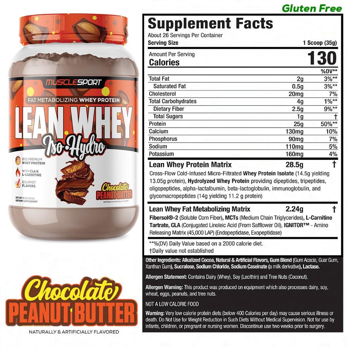 Musclesport Musclesport Lean Whey Revolution Protein Powder - Whey Protein Isolate - Low Calorie, Low Carb, Low Fat, Incredible Flavors - 25g Protein per Scoop (2LB, Chocolate Peanut Butter)