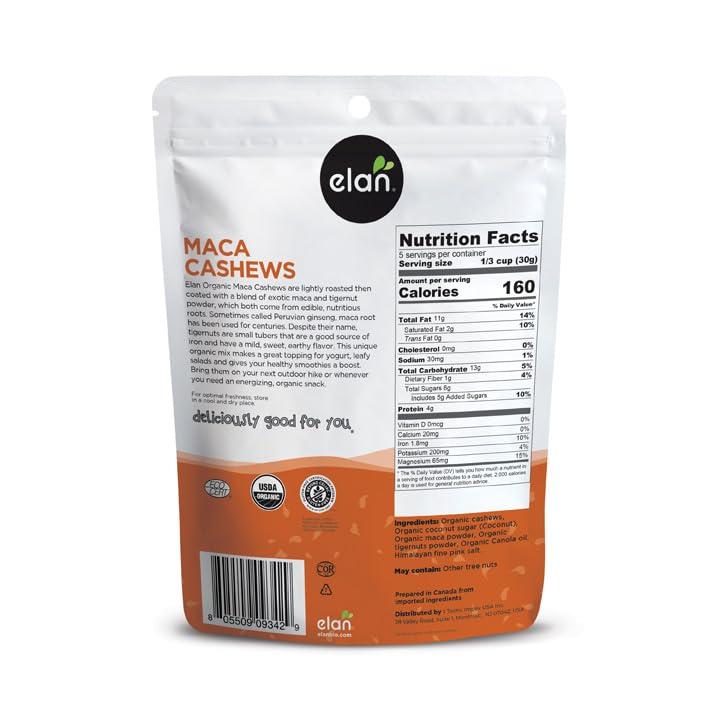 Elan Elan Organic Maca Cashews, Healthy Snacks, Non-GMO, Gluten-Free, Vegan Kosher, Glazed Nuts (Roasted Cashews, Maca Powder, Tigernut Powder), Superfood Infused Nuts, 8 pack of 5.6 oz