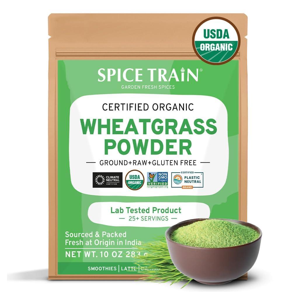 SPICE TRAIN USDA Organic Wheatgrass Powder (10oz) Rich Green Powder - Lab Tested | 100% Whole Leaf | Gluten Free, Non-GMO | No Sugar, No Artificial Ingredients | Resealable Ziplock Pouch