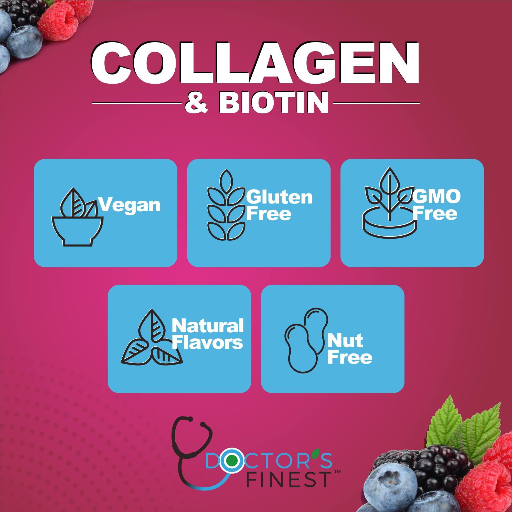 DOCTORS FINEST DOCTORS FINEST Collagen and Biotin 10000mcg Gummies, Vegan, GMO-Free, Gluten Free, Natural Raspberry Flavor Gummy Vitamins, for Hair Growth, Hair Skin and Nails Dietary Supplement, 90 Gummies