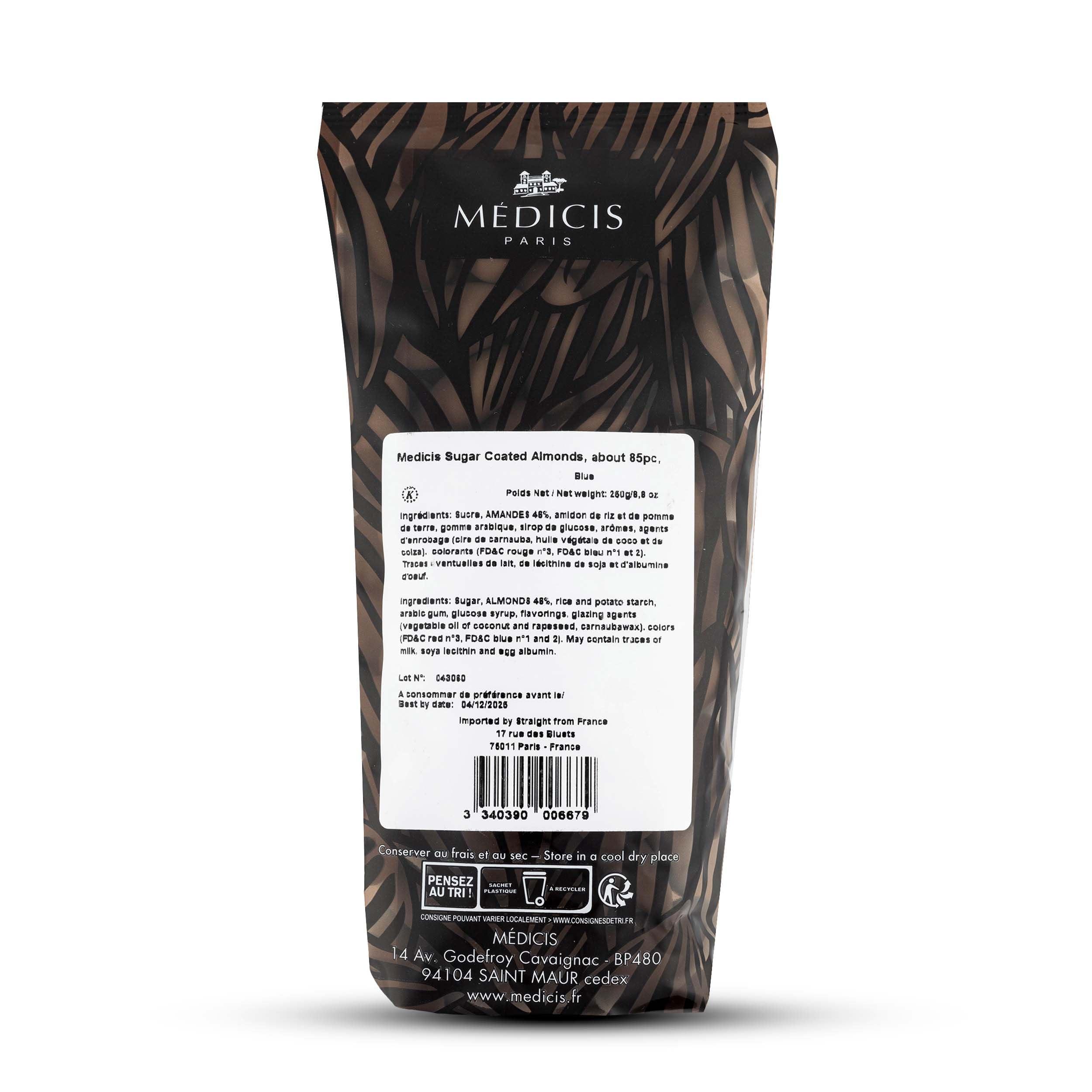 MEDICIS Medicis Premium Candied Almond Dragees (French Jordan Almonds) Sugar Coated Candies Ideal as a Party Favor for Weddings and Baby Showers 75 count bag 8.8oz (Blue)